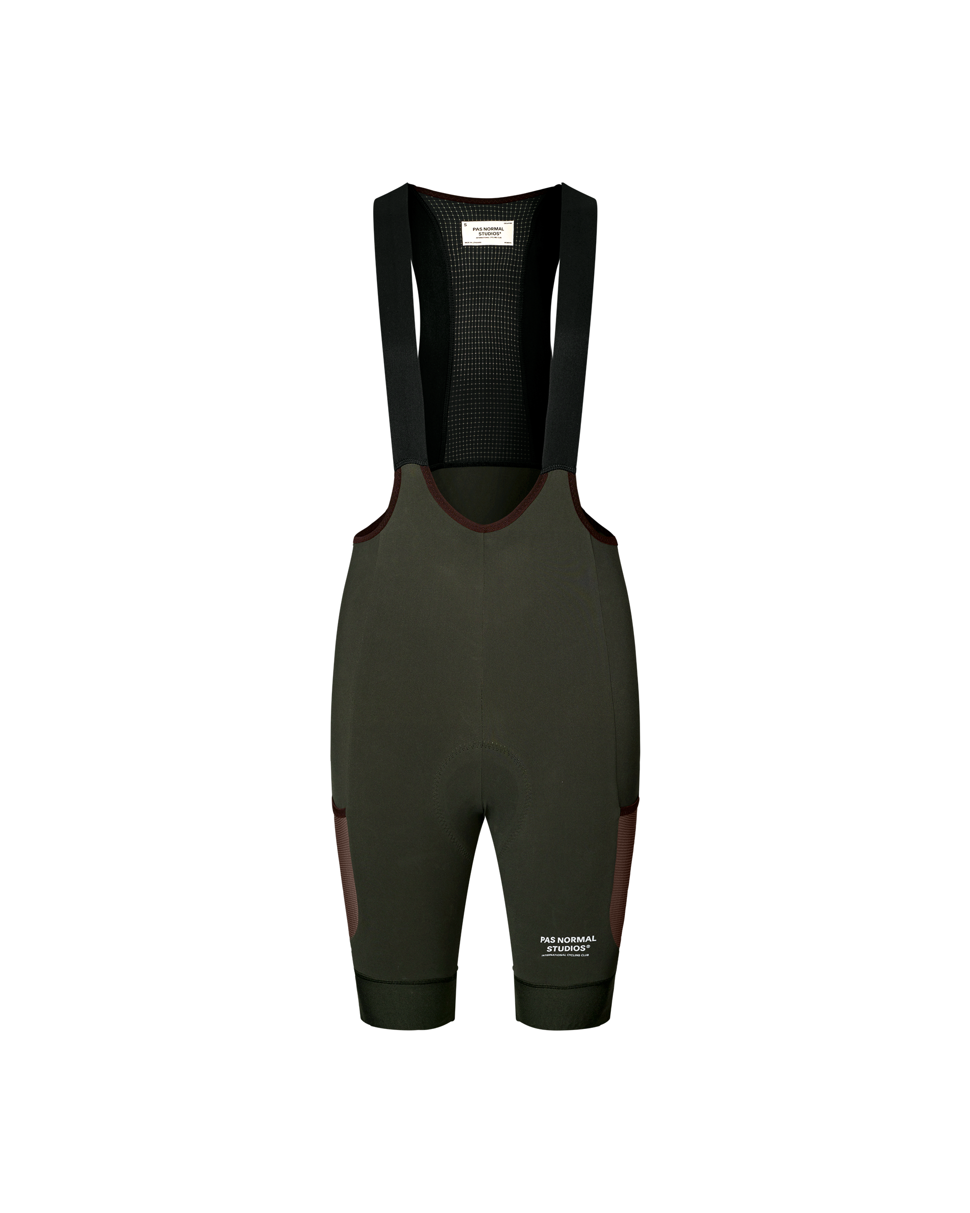 Dark Olive Escapism Cargo cycling bibs, front flat lay with contrast dark red side panels and mesh bib panel