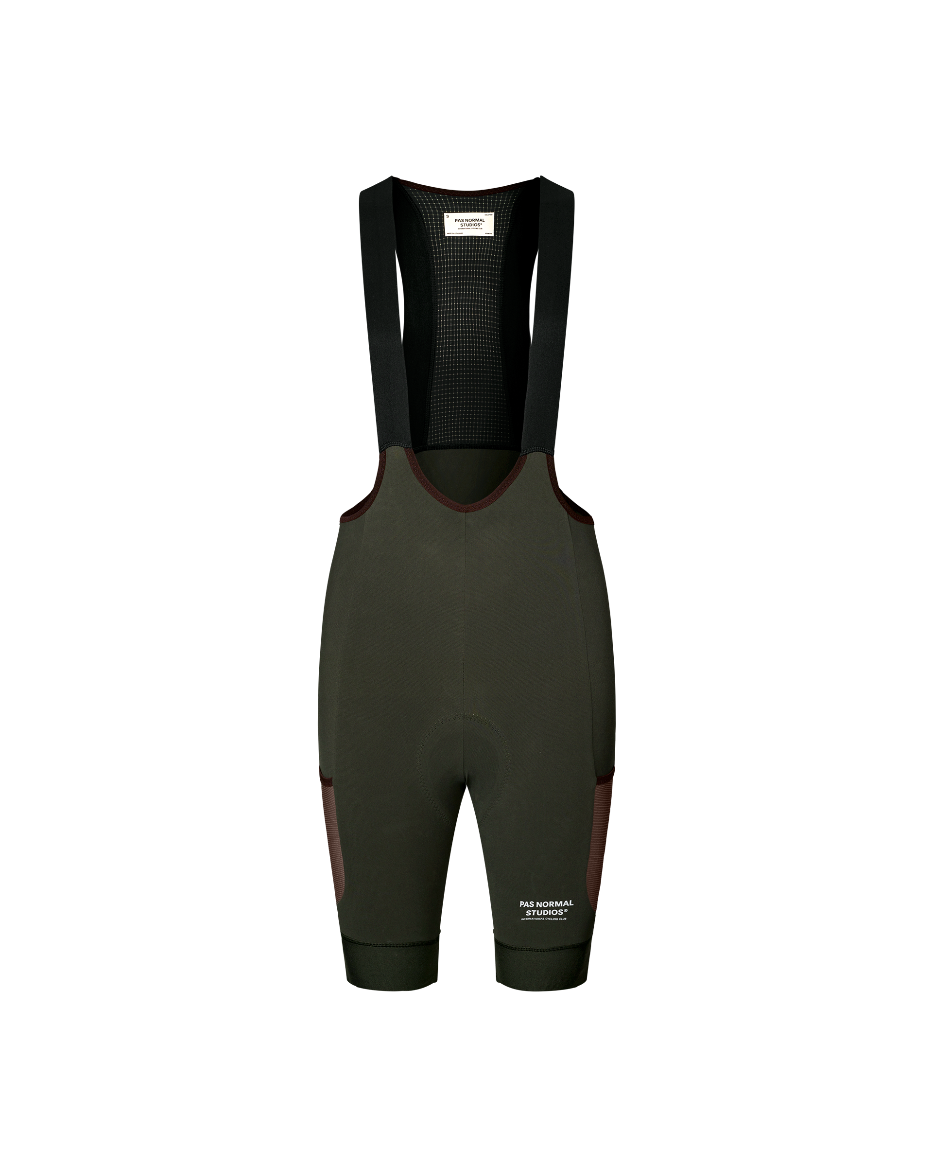 Dark Olive Escapism Cargo cycling bibs, front flat lay with contrast dark red side panels and mesh bib panel