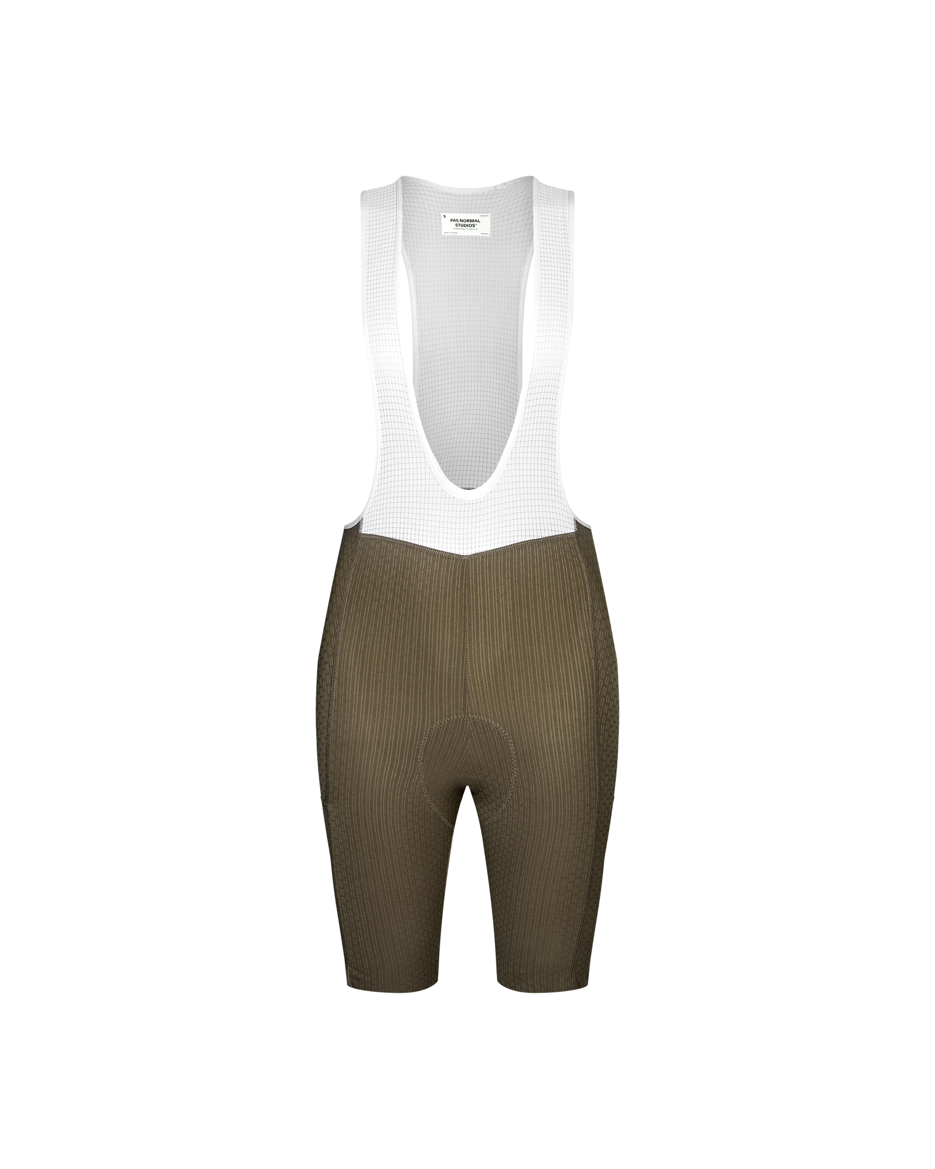 Dark Stone T.K.O. Essential Light Cargo cycling bibs, front view with white mesh bib and ribbed shorts