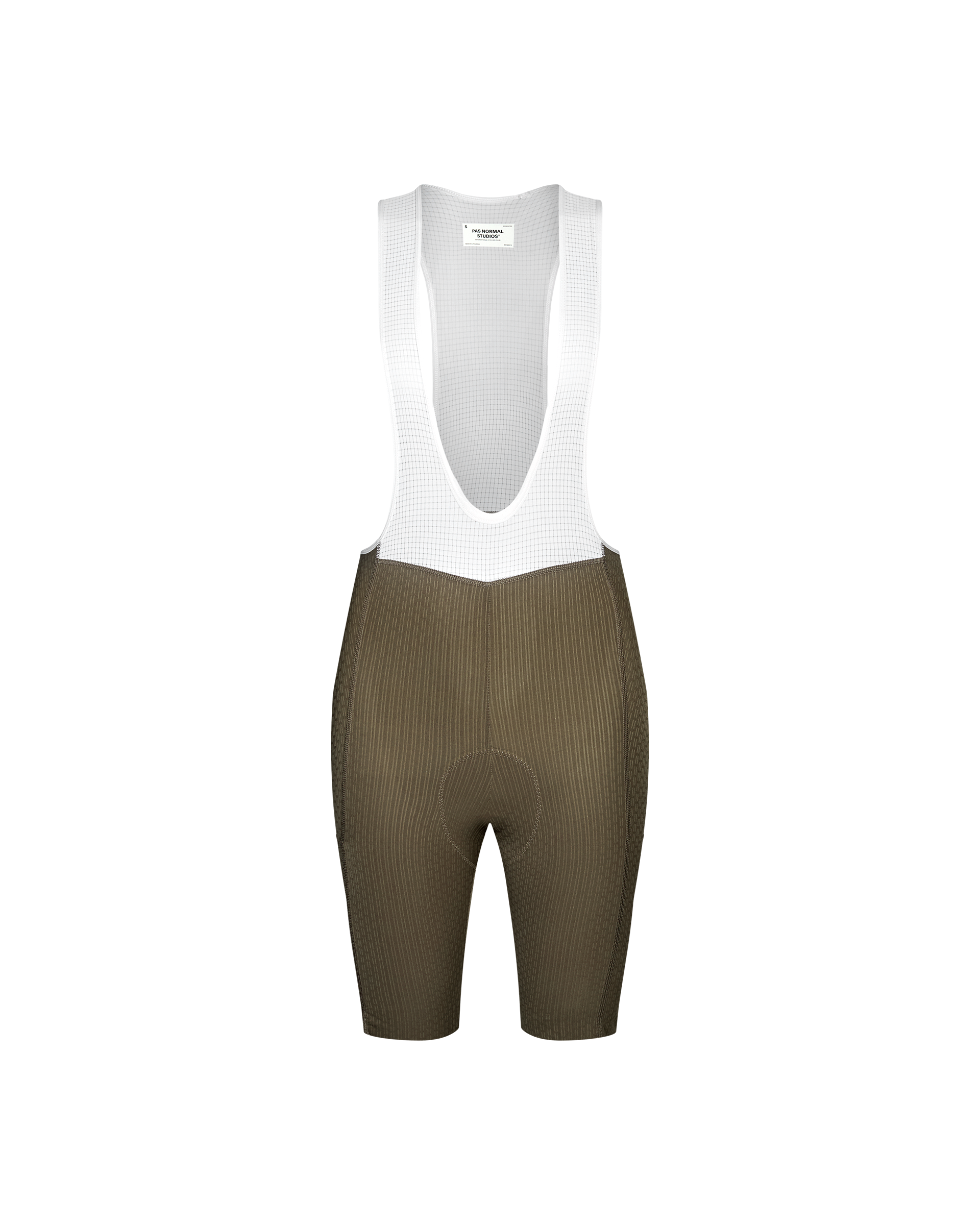 Dark Stone T.K.O. Essential Light Cargo cycling bibs, front view with white mesh bib and ribbed shorts