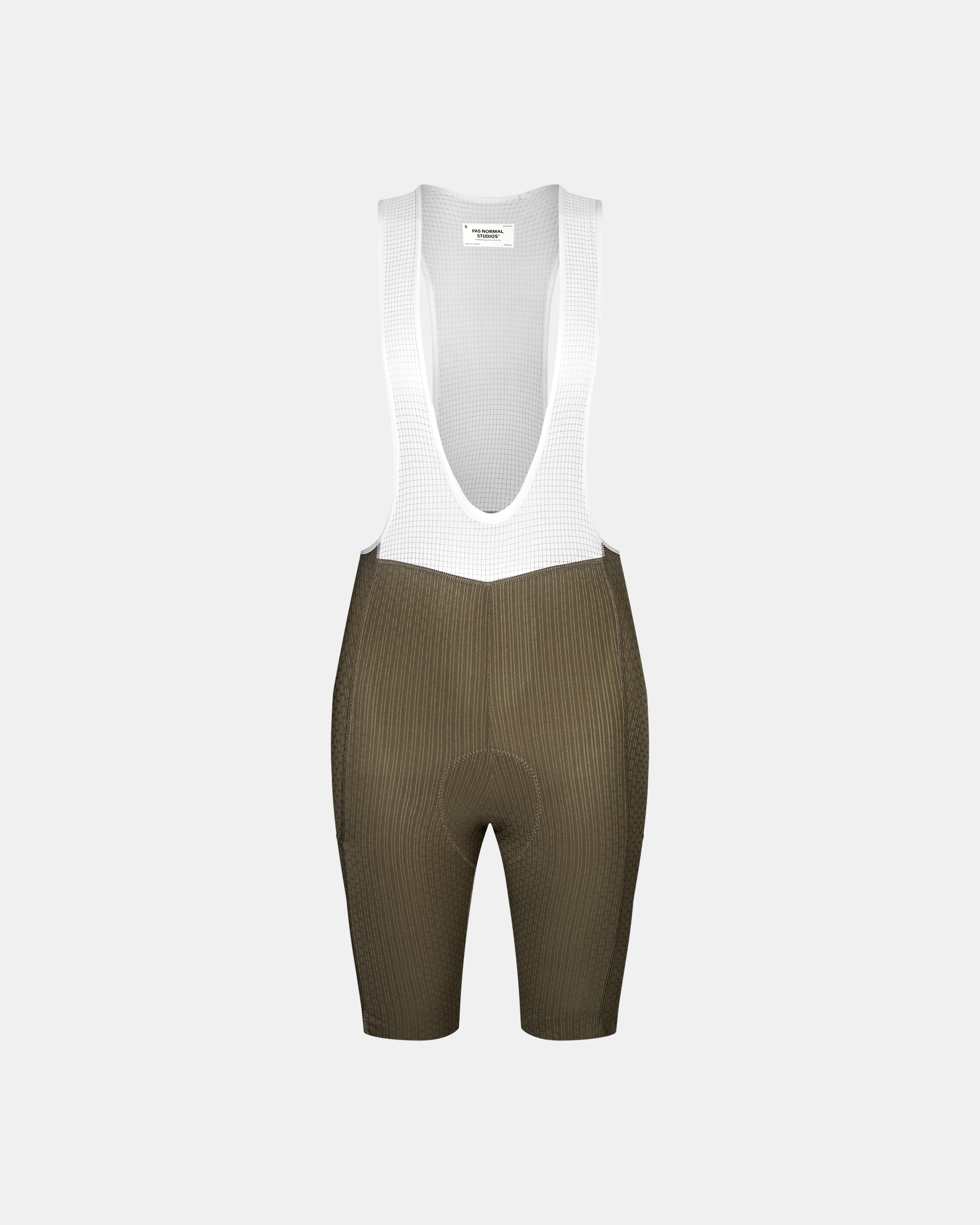 Dark Stone T.K.O. Essential Light Cargo cycling bibs, front view with white mesh bib and ribbed shorts