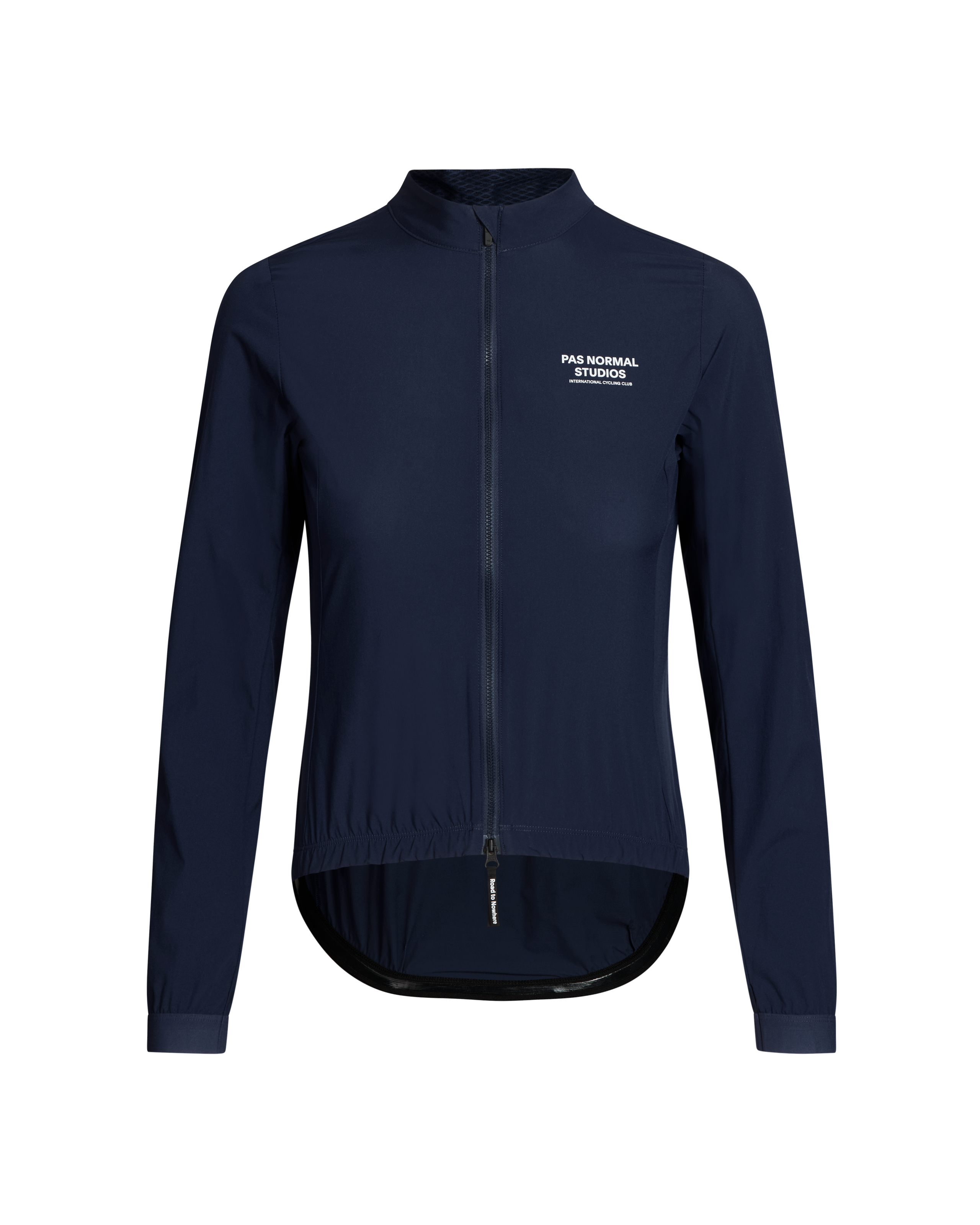 Navy Mechanism Stow Away cycling jacket, front view with white chest logo