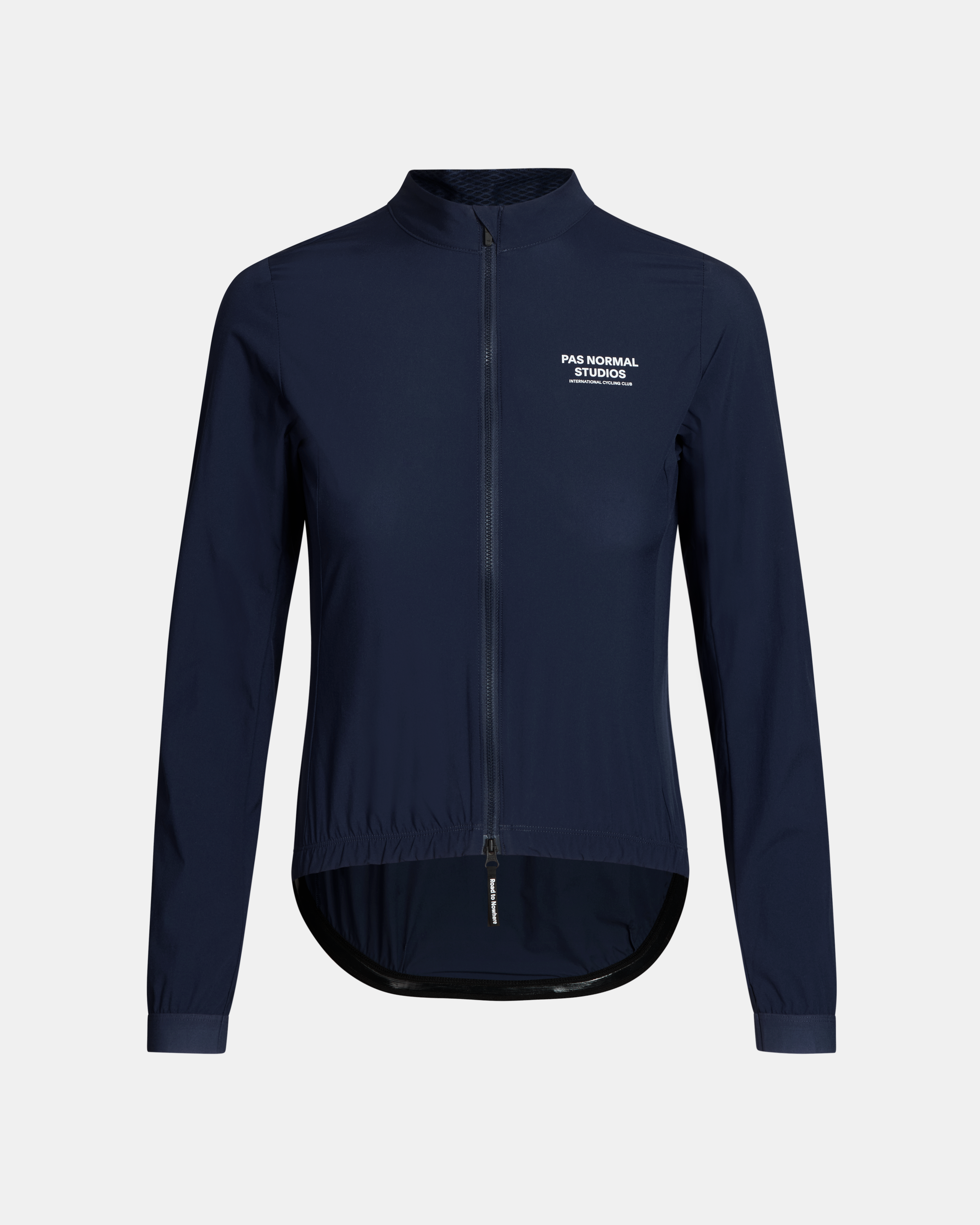 Navy Mechanism Stow Away cycling jacket, front view with white chest logo