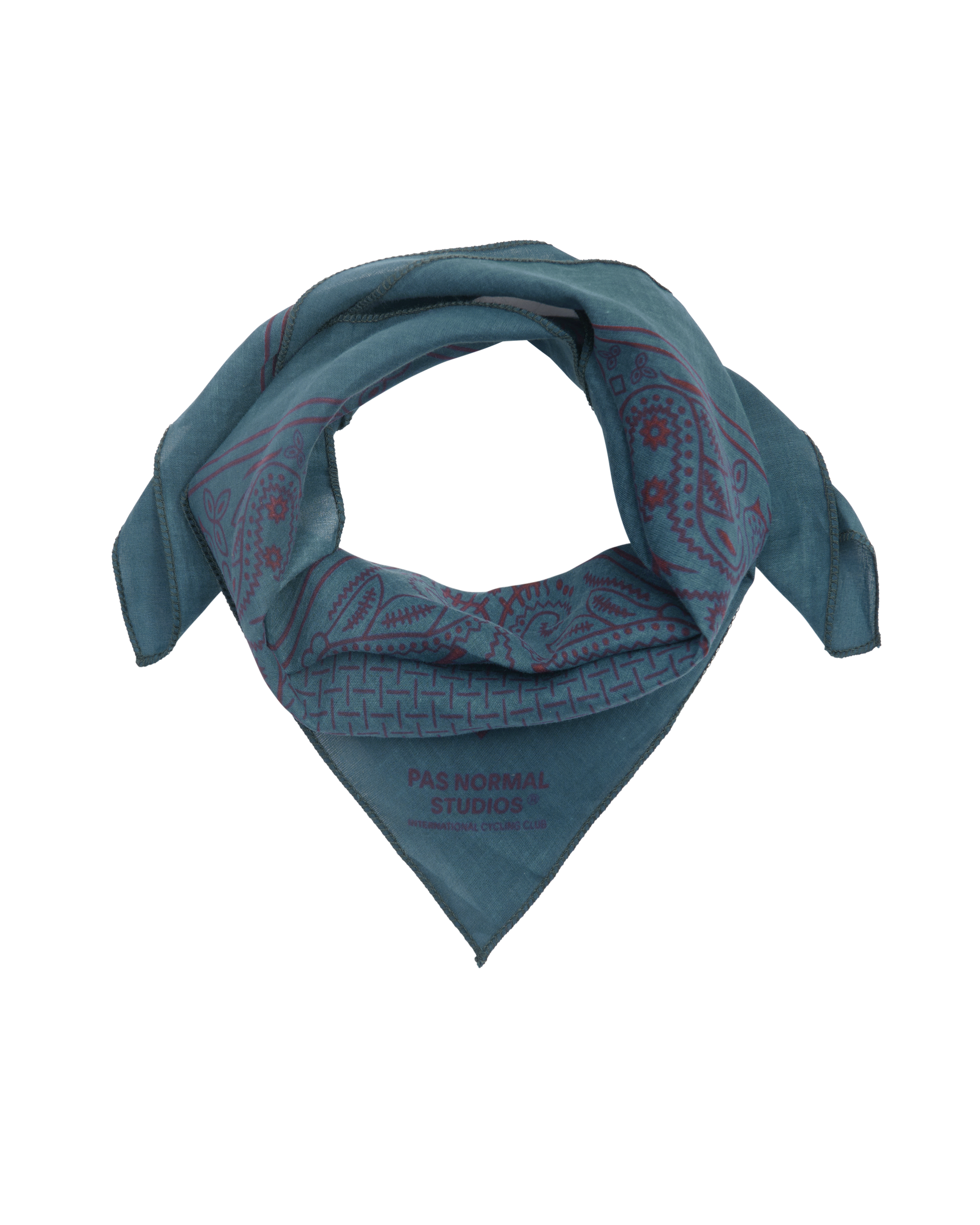 Aqua Blue Off-Race bandana flat lay with red paisley pattern and corner logo
