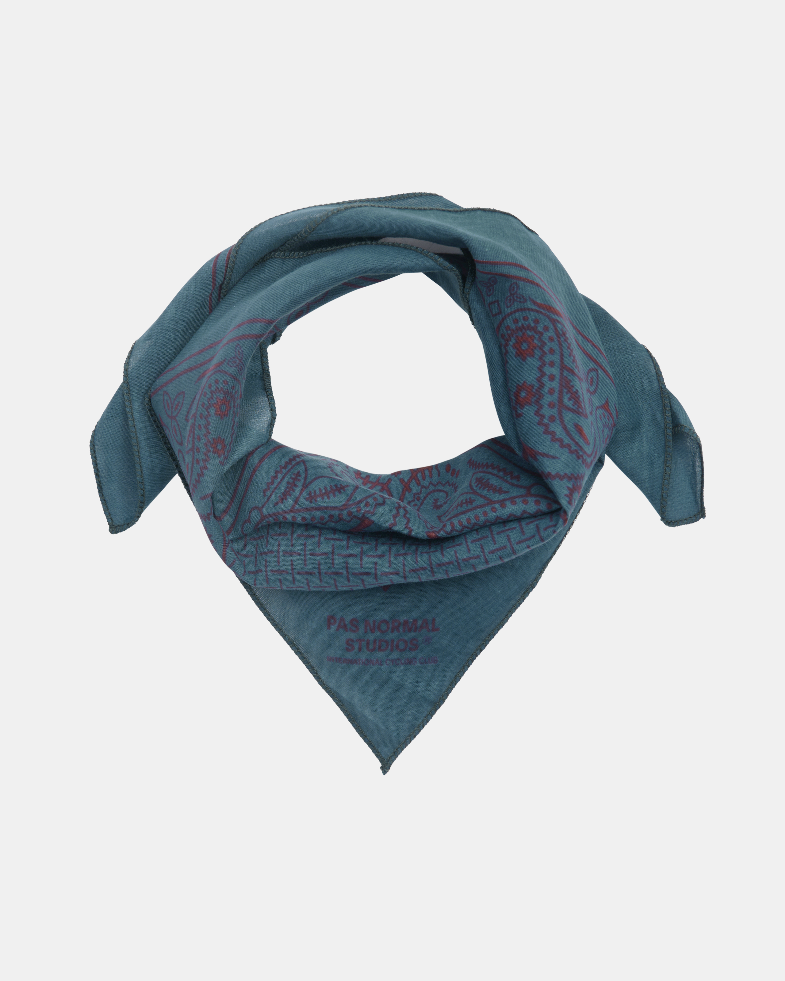 Aqua Blue Off-Race bandana flat lay with red paisley pattern and corner logo