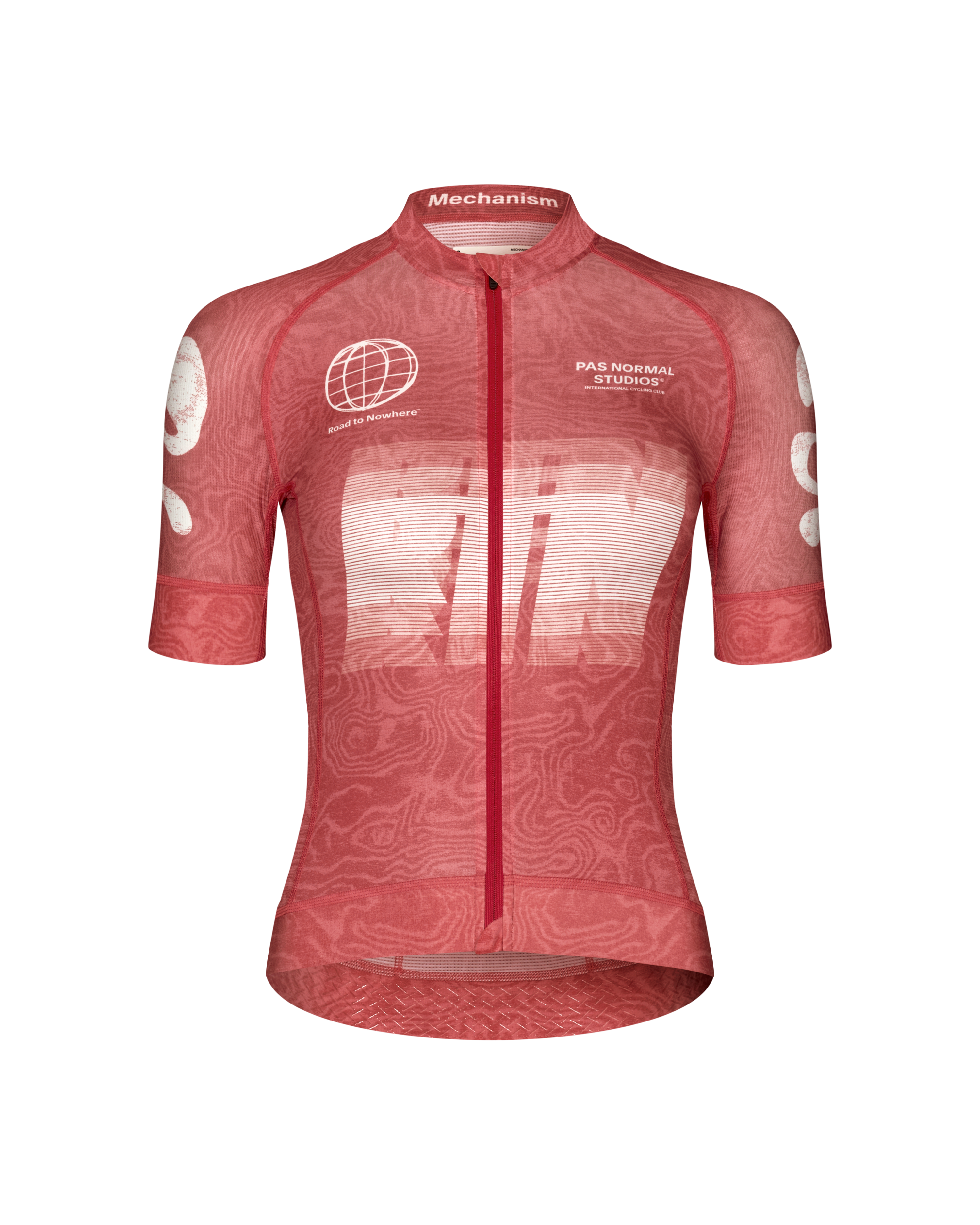 Red Mechanism Logo women's cycling jersey, front flat lay with topo print and white graphic chest print