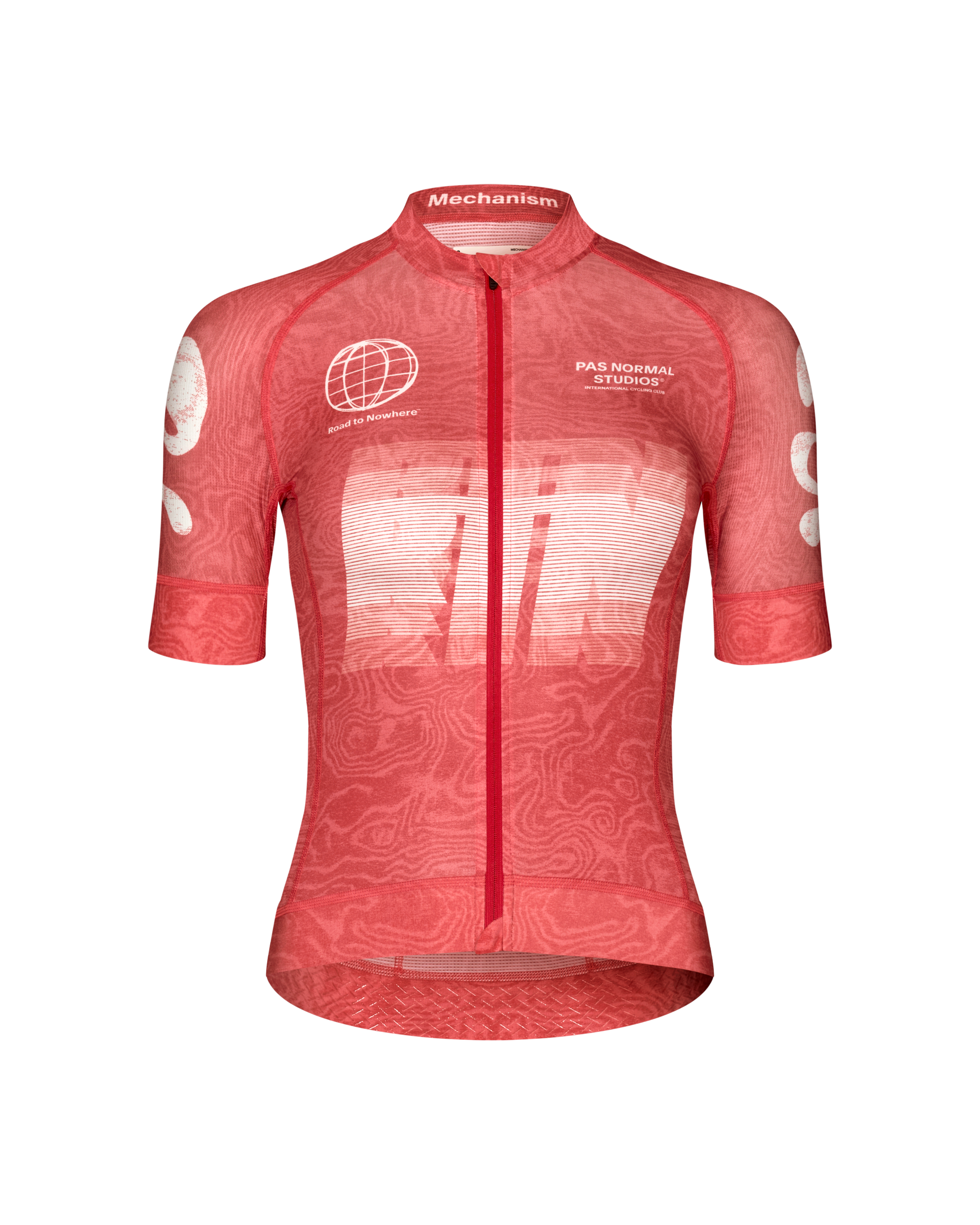 Red Mechanism Logo women's cycling jersey, front flat lay with topo print and white graphic chest print