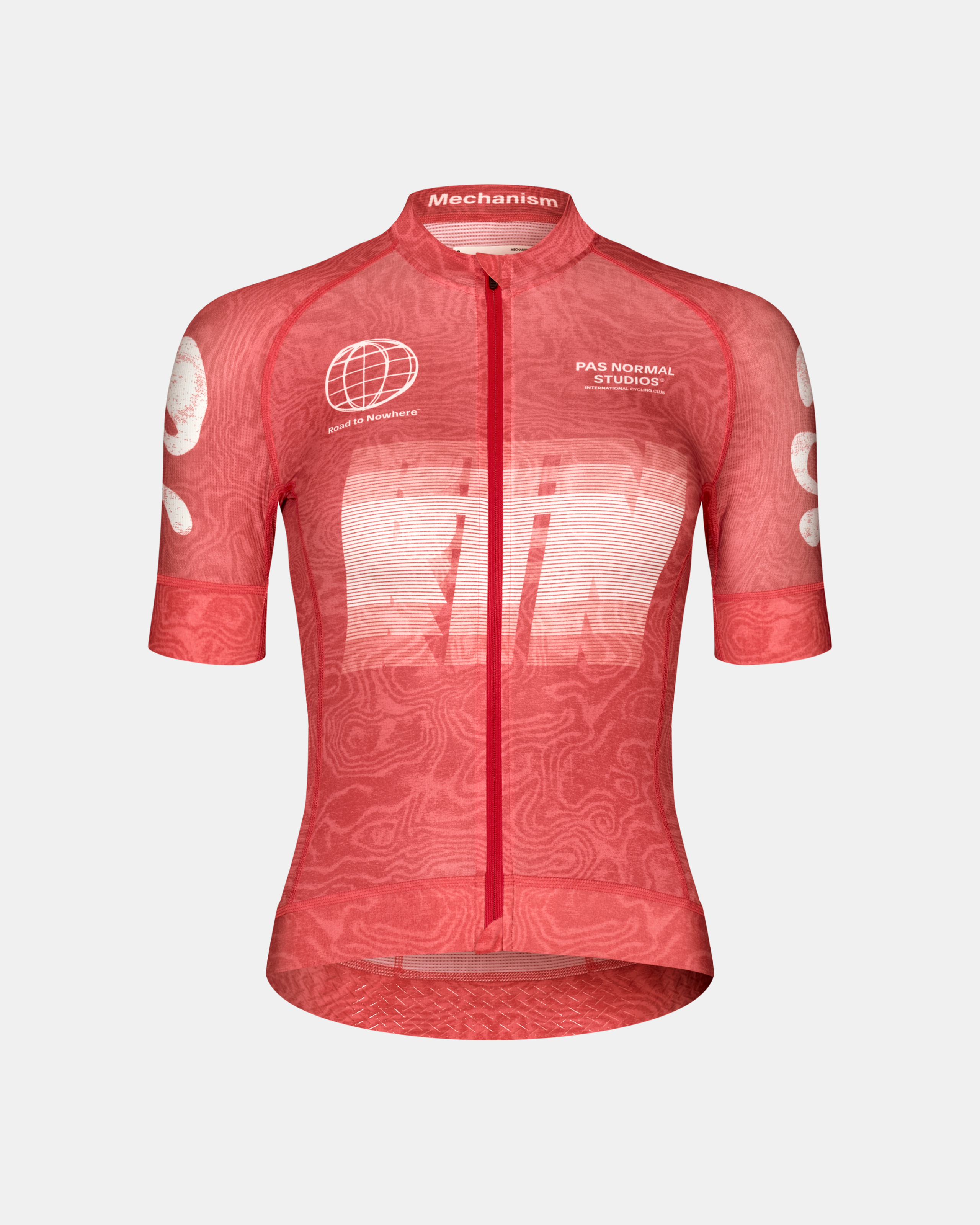 Red Mechanism Logo women's cycling jersey, front flat lay with topo print and white graphic chest print