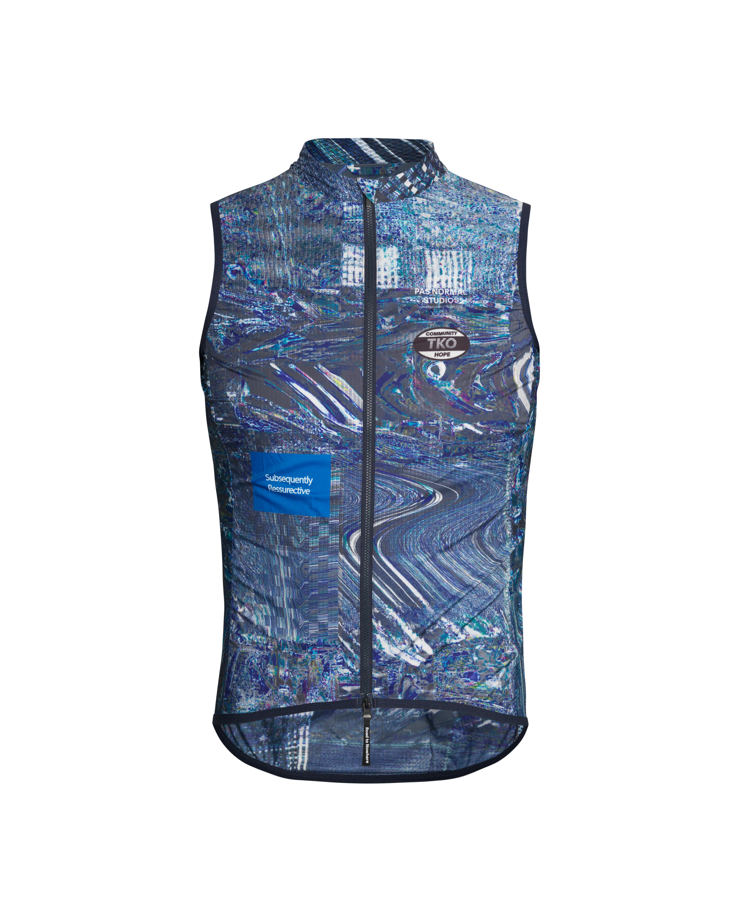 Human Error Blue T.K.O. Mechanism Stow Away cycling gilet, front flat lay with all-over glitch print and blue chest patch