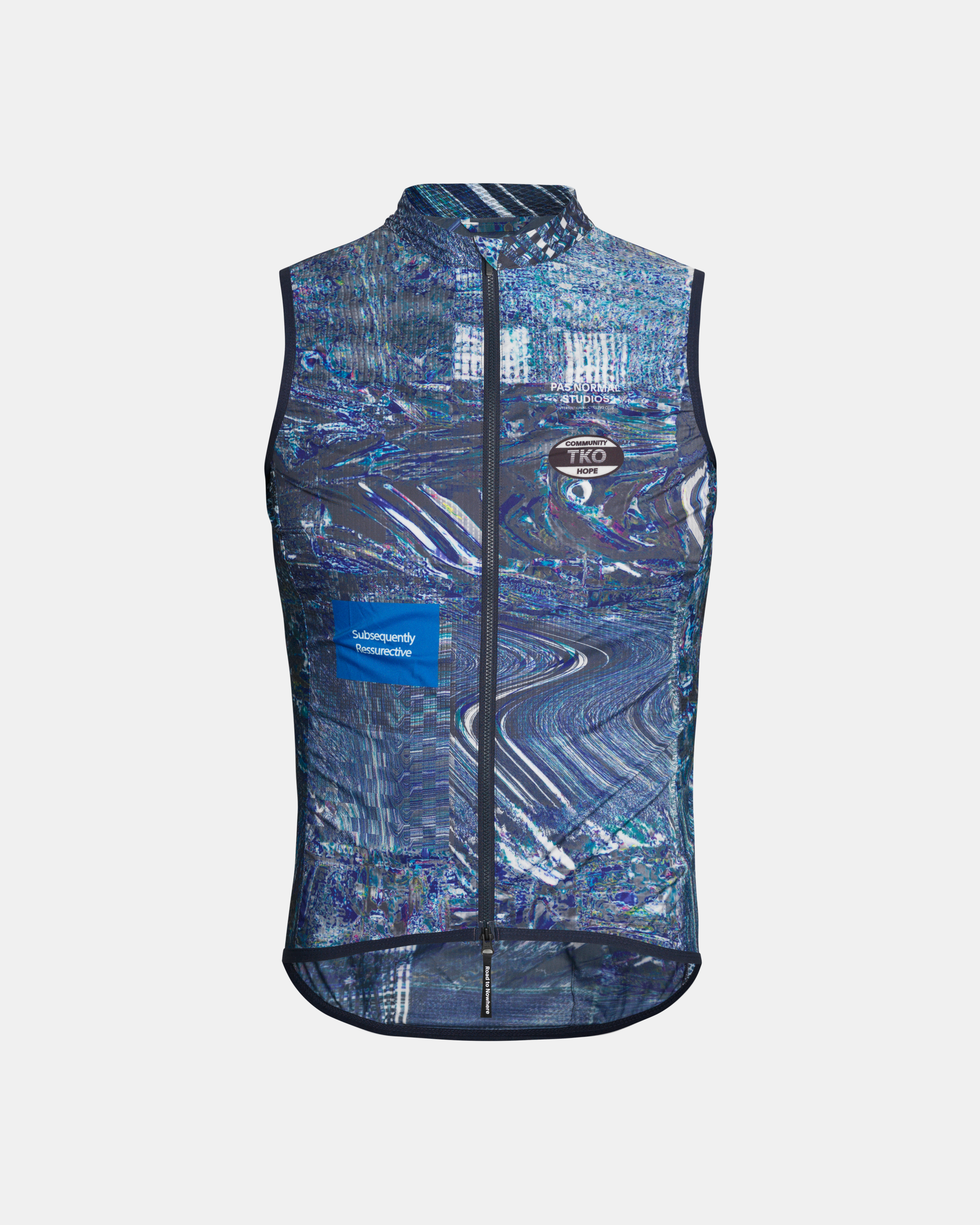 Human Error Blue T.K.O. Mechanism Stow Away cycling gilet, front flat lay with all-over glitch print and blue chest patch