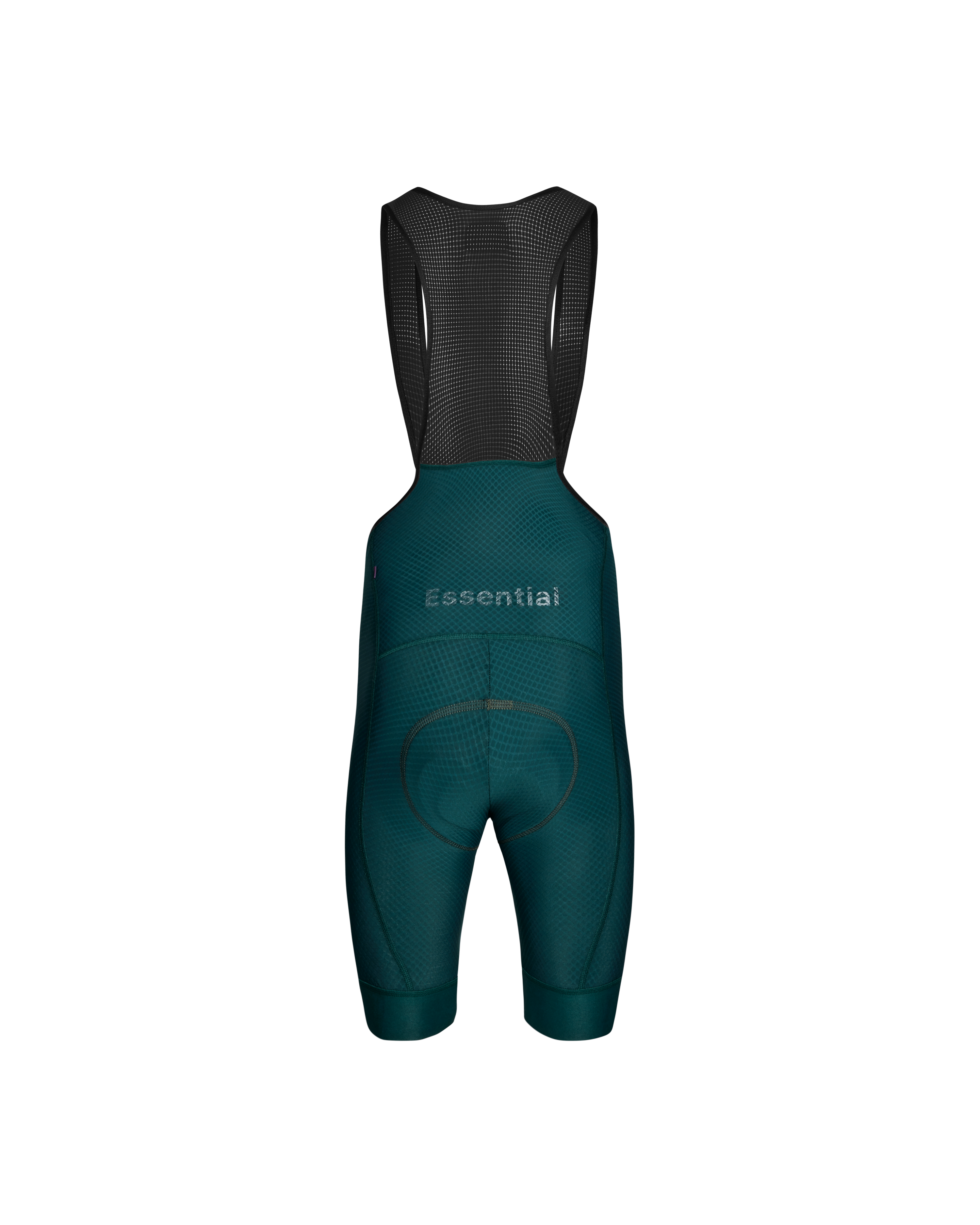 Dark Petroleum Essential cycling bibs, rear view with black mesh upper and Essential text print