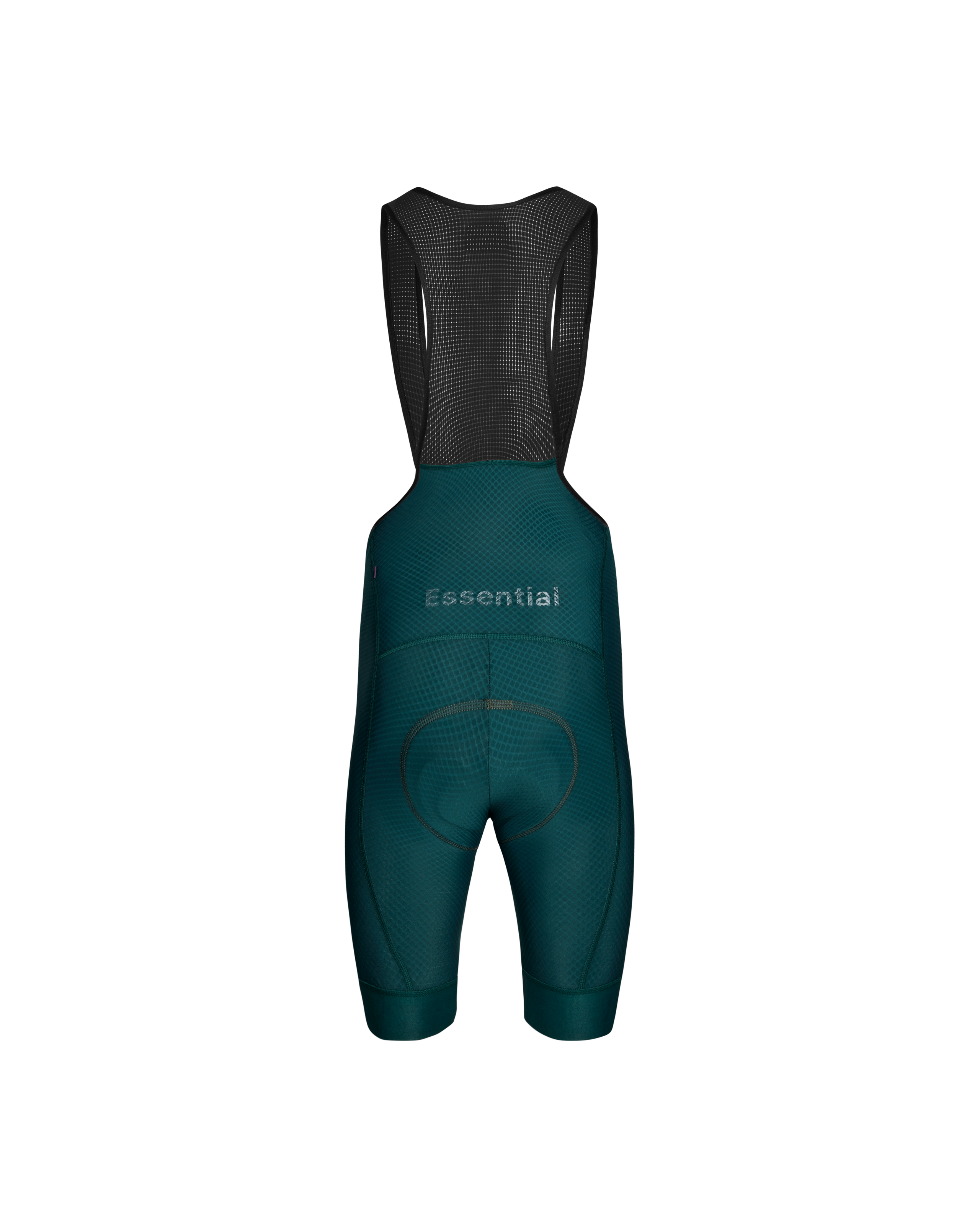 Dark Petroleum Essential cycling bibs, rear view with black mesh upper and Essential text print