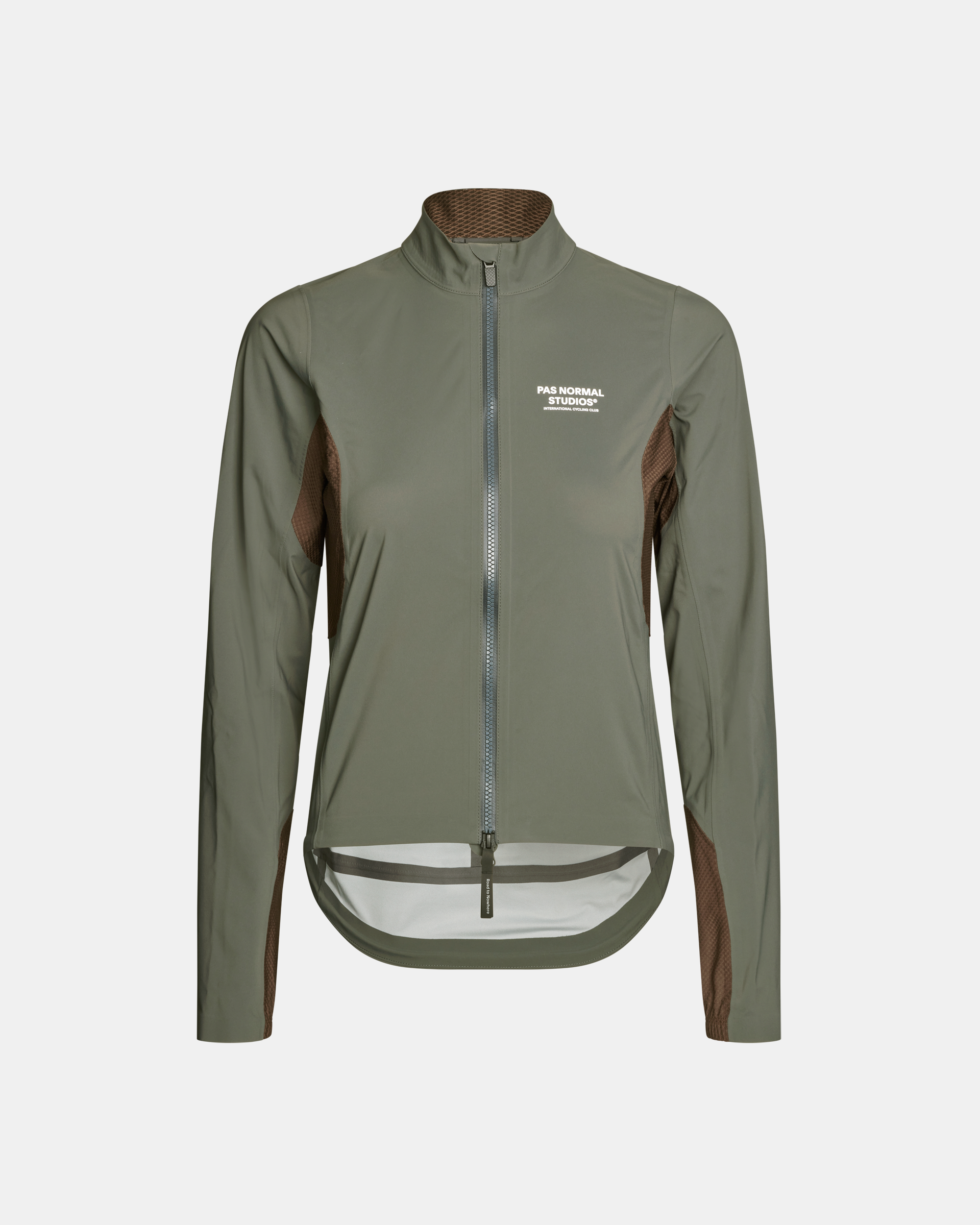 Dark Grey Mechanism Shell cycling jacket, front view with mesh side panels