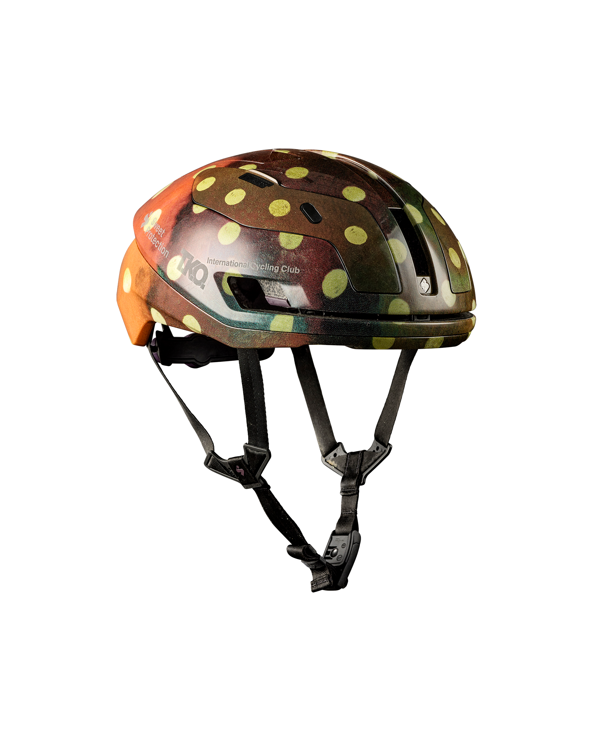 Brown T.K.O. Falconer Aero 2Vi cycling helmet, three-quarter view with yellow polka dot pattern