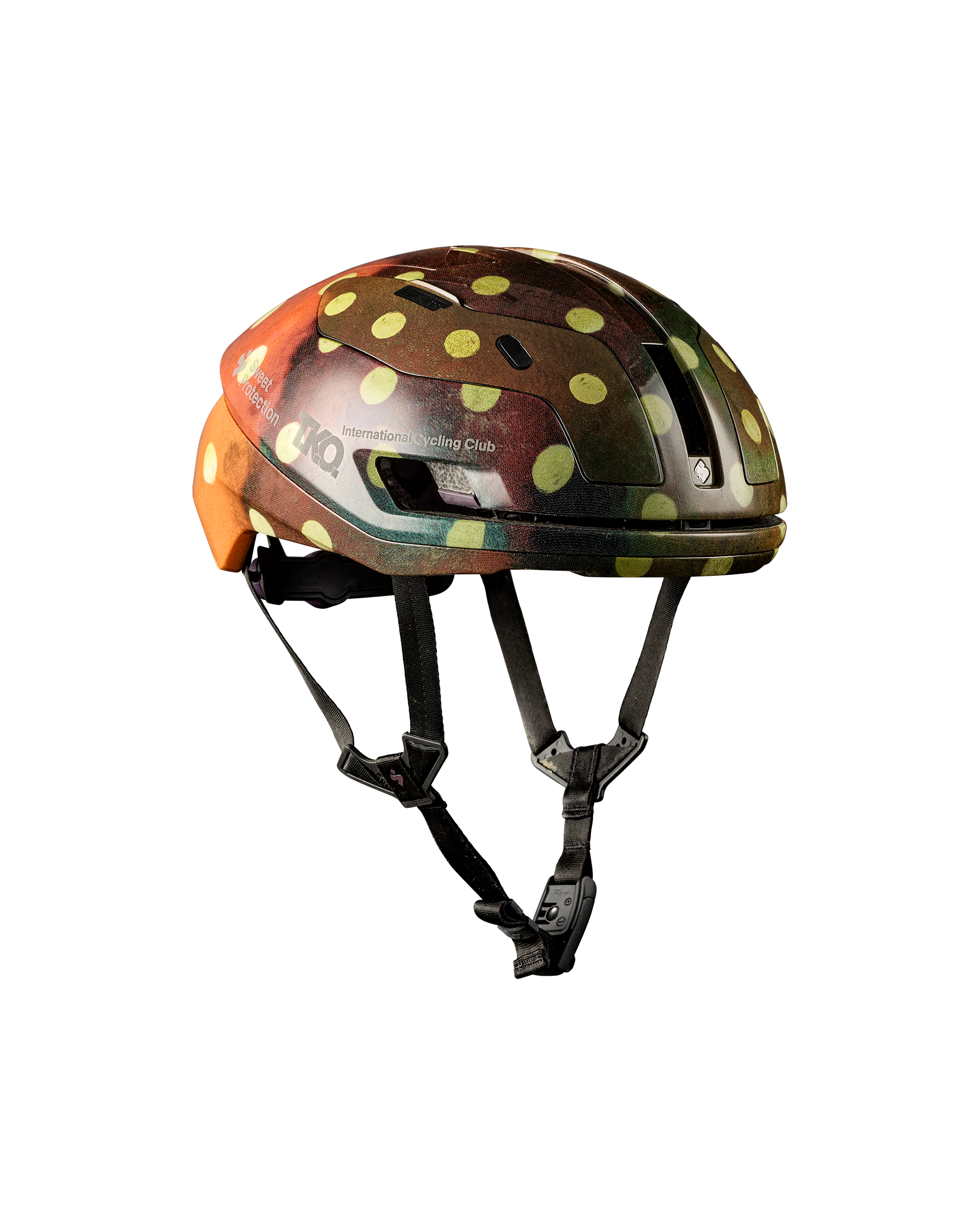 Brown T.K.O. Falconer Aero 2Vi cycling helmet, three-quarter view with yellow polka dot pattern