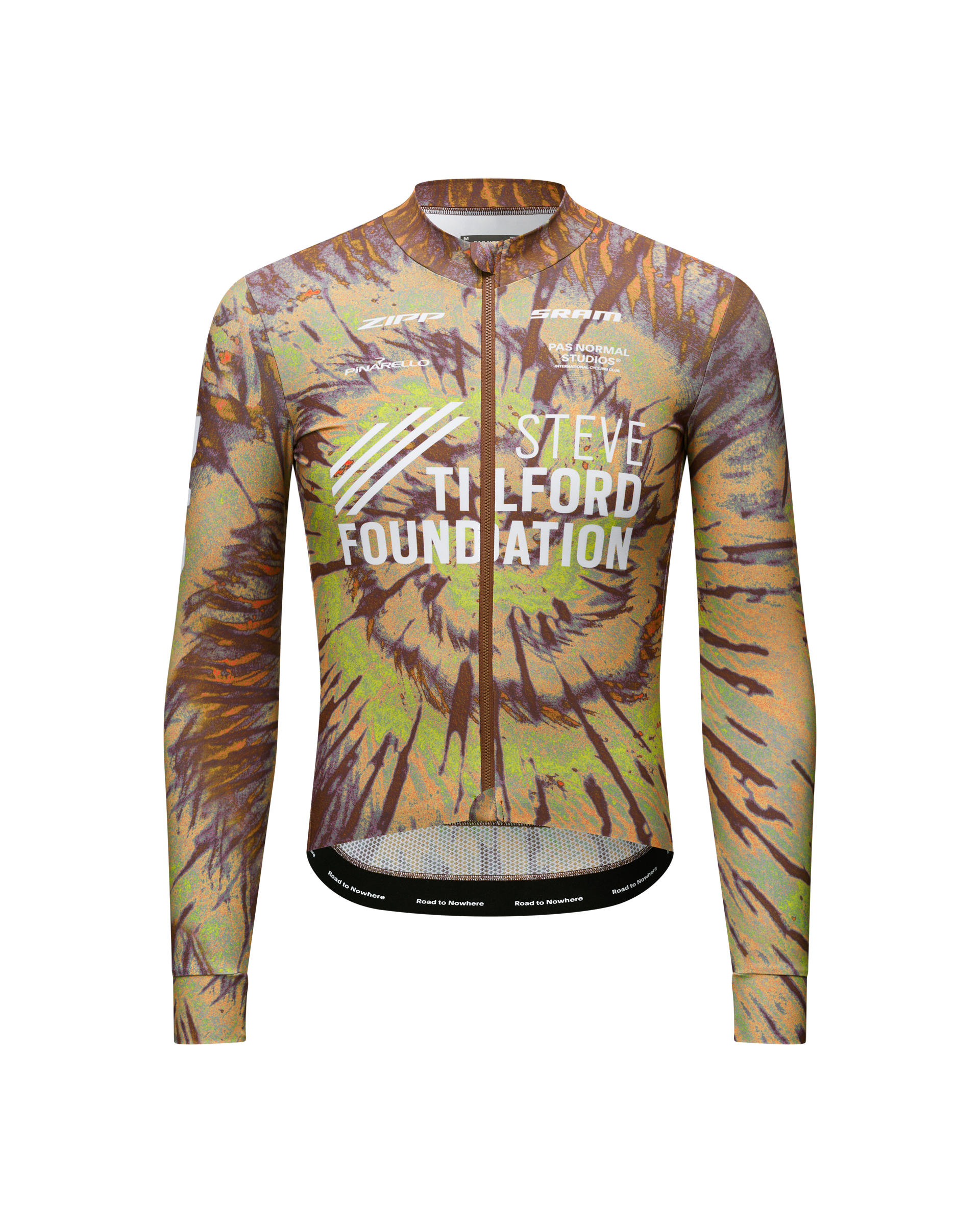 Beige STFR Mechanism long sleeve cycling jersey, front view with palm frond print