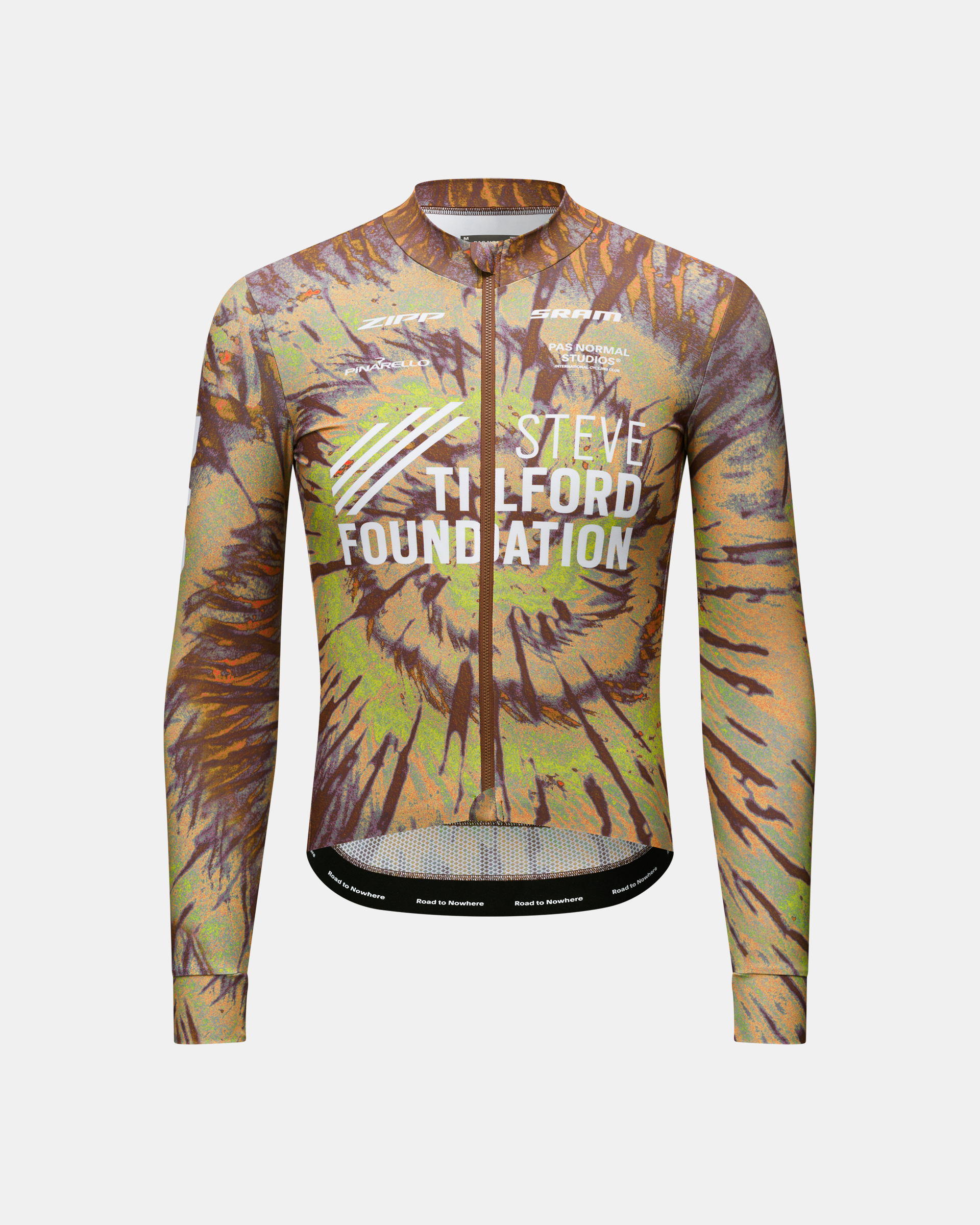 Beige STFR Mechanism long sleeve cycling jersey, front view with palm frond print