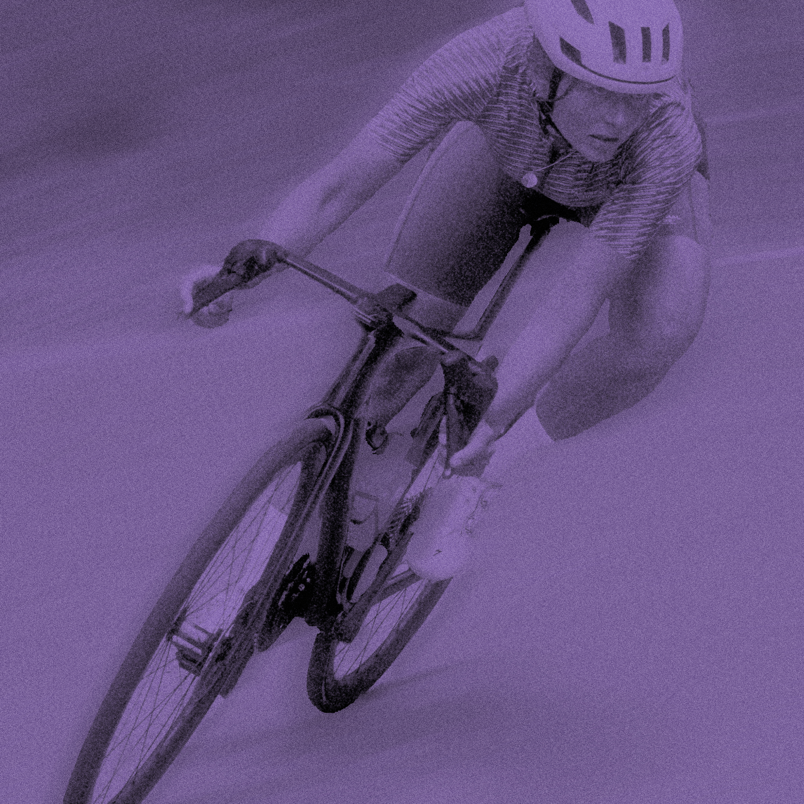 Cyclist in aerodynamic position on time trial bike with purple color filter