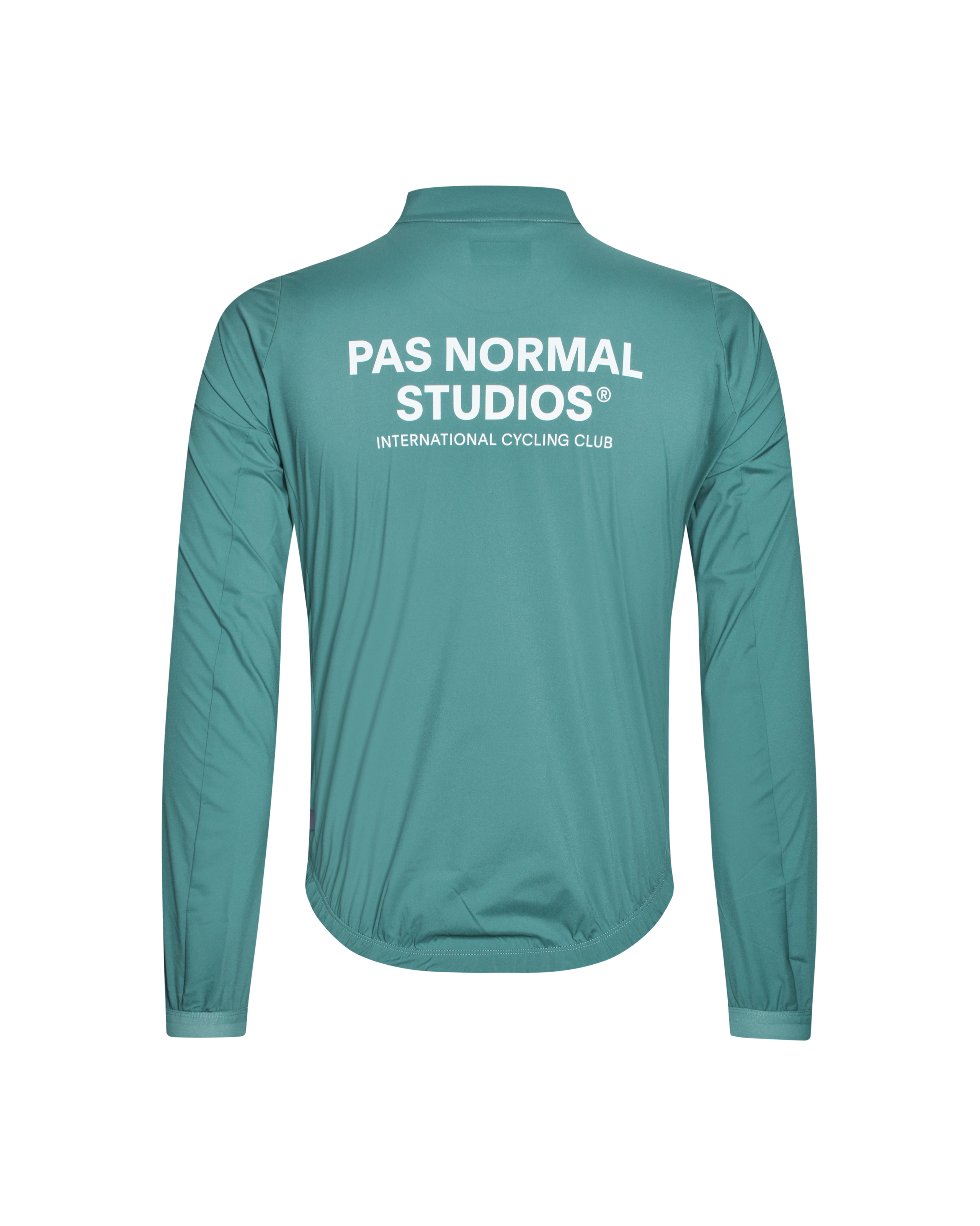 Grey Teal Mechanism Stow Away jacket, rear view with white brand logo