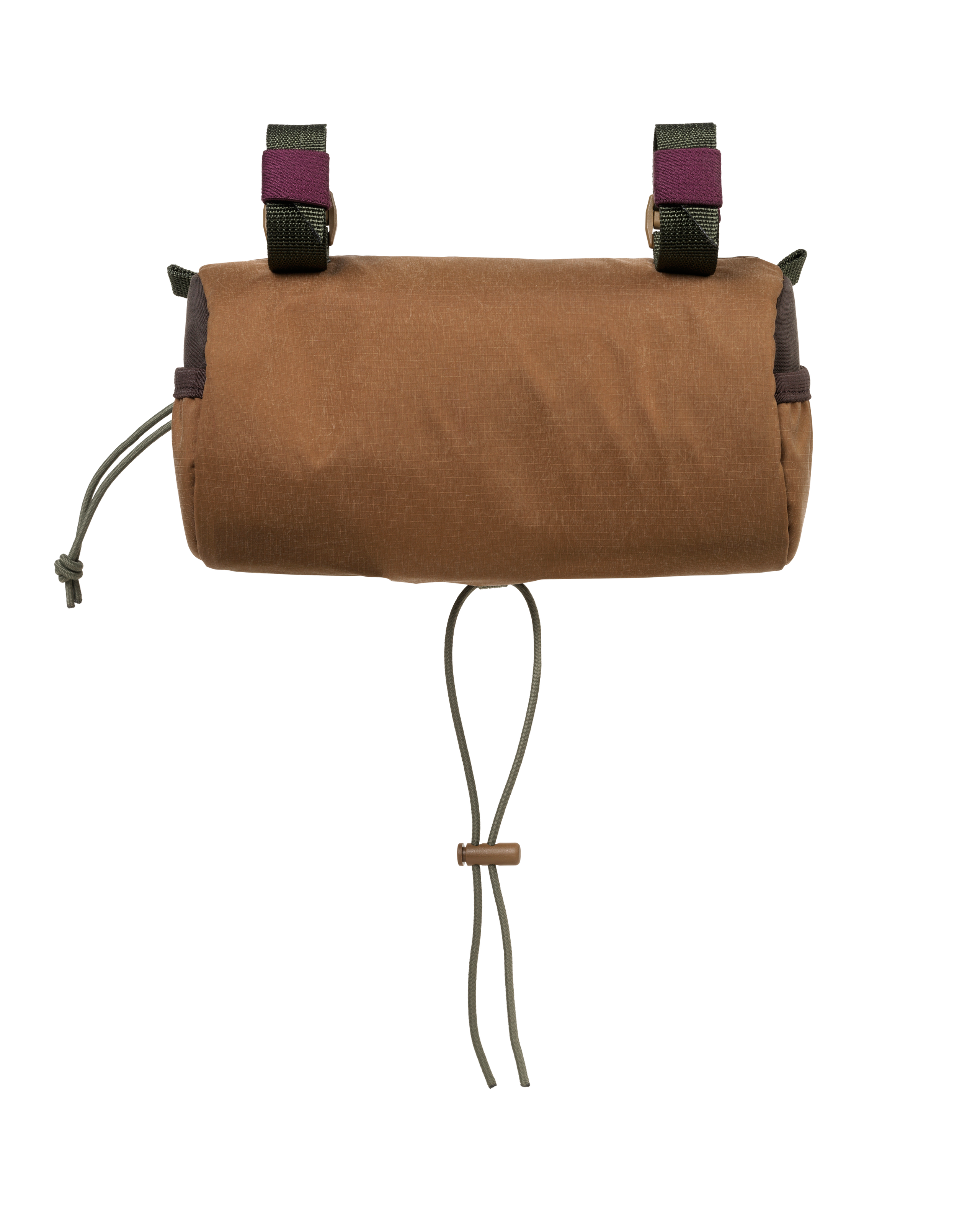 Light Brown Porter-Yoshida handlebar bag, front view with olive straps and purple buckle tabs