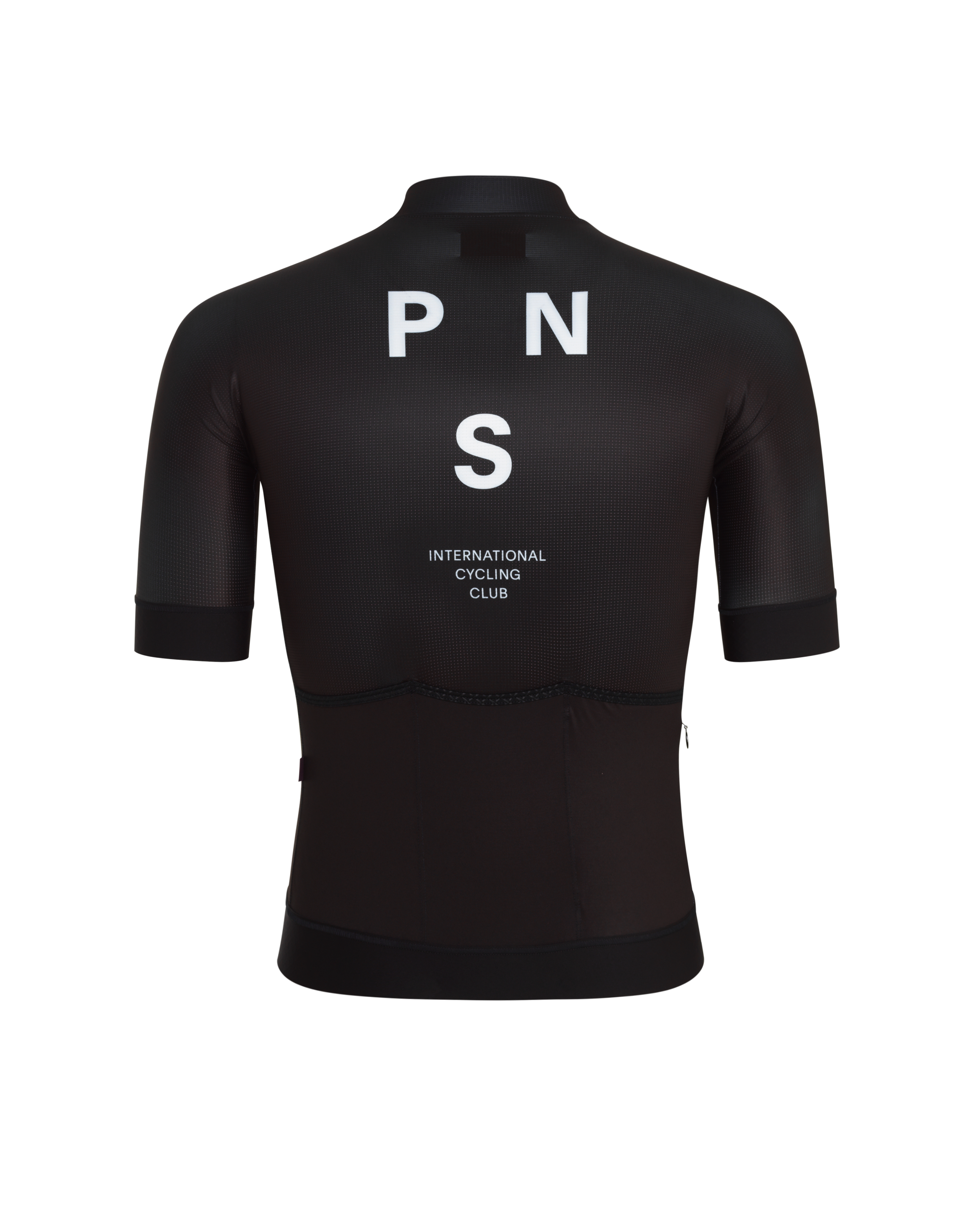 Black Mechanism cycling jersey, rear view with white PNS and International Cycling Club print