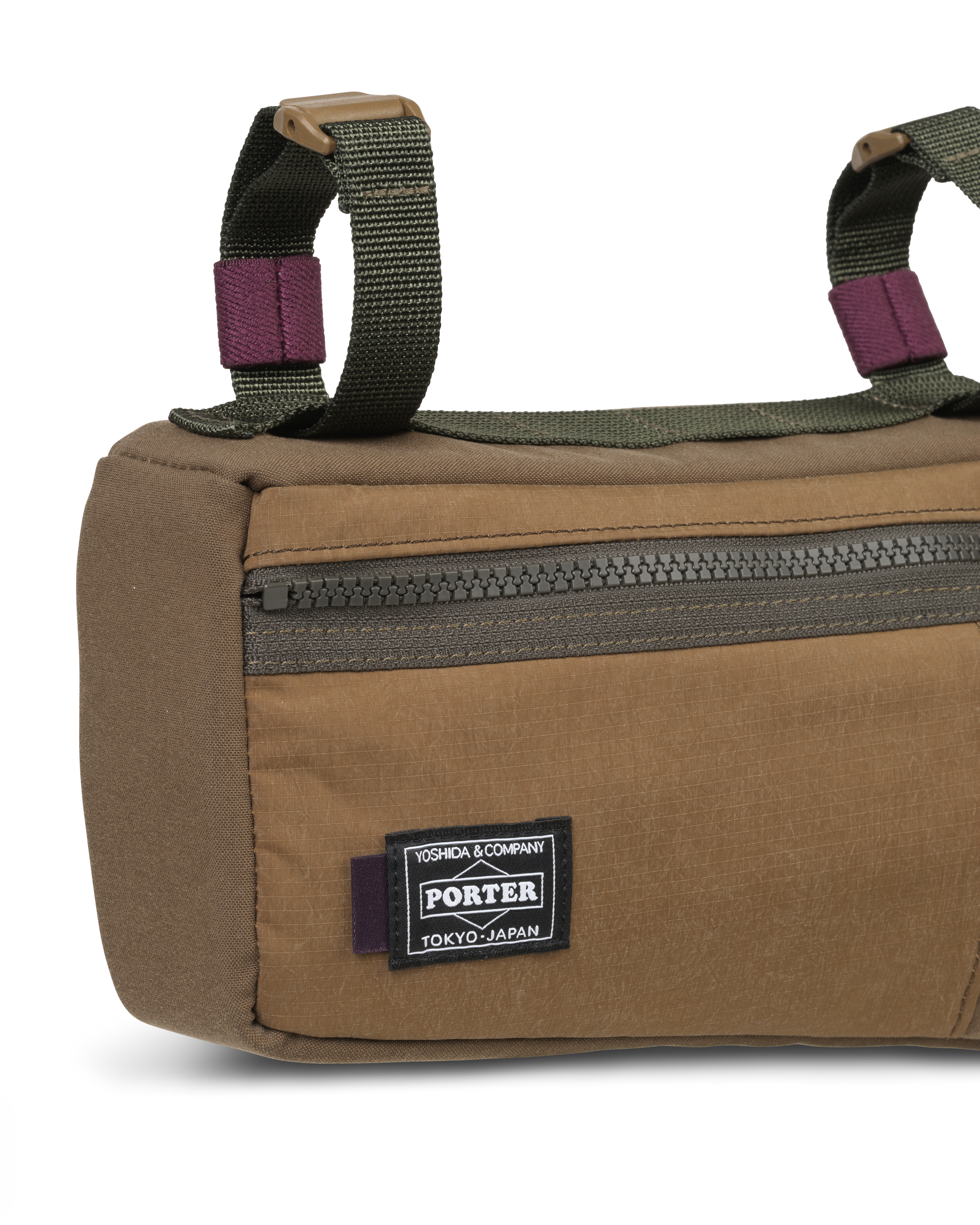 Light Brown Porter-Yoshida cycling frame bag, detail view with front zip pocket and olive green straps