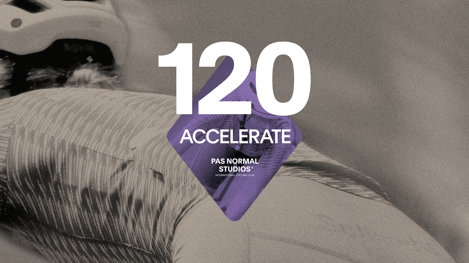 Purple Accelerate Challenge logo with 120 text overlay on black and white cycling imagery