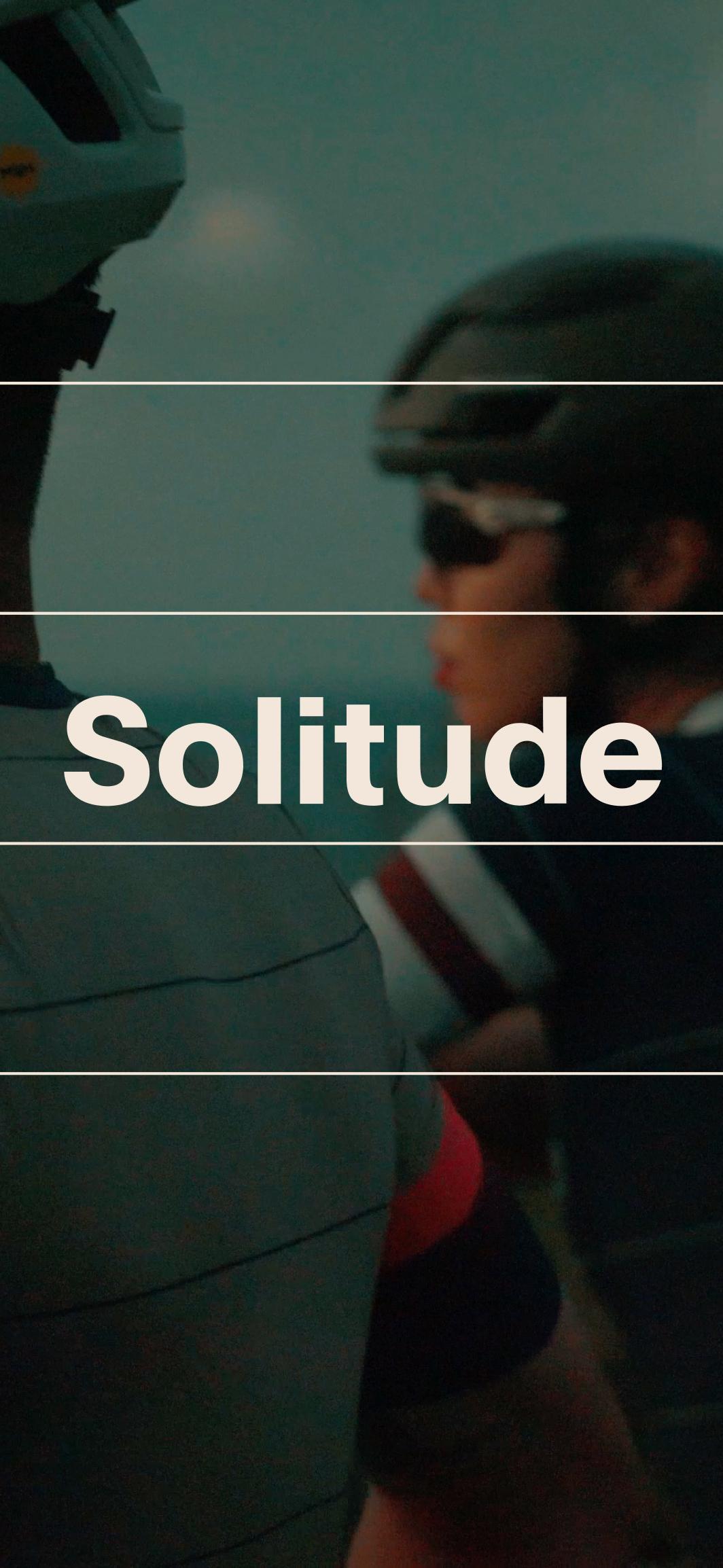 Solitude collection promotional image with cyclists in green-tinted atmospheric lighting