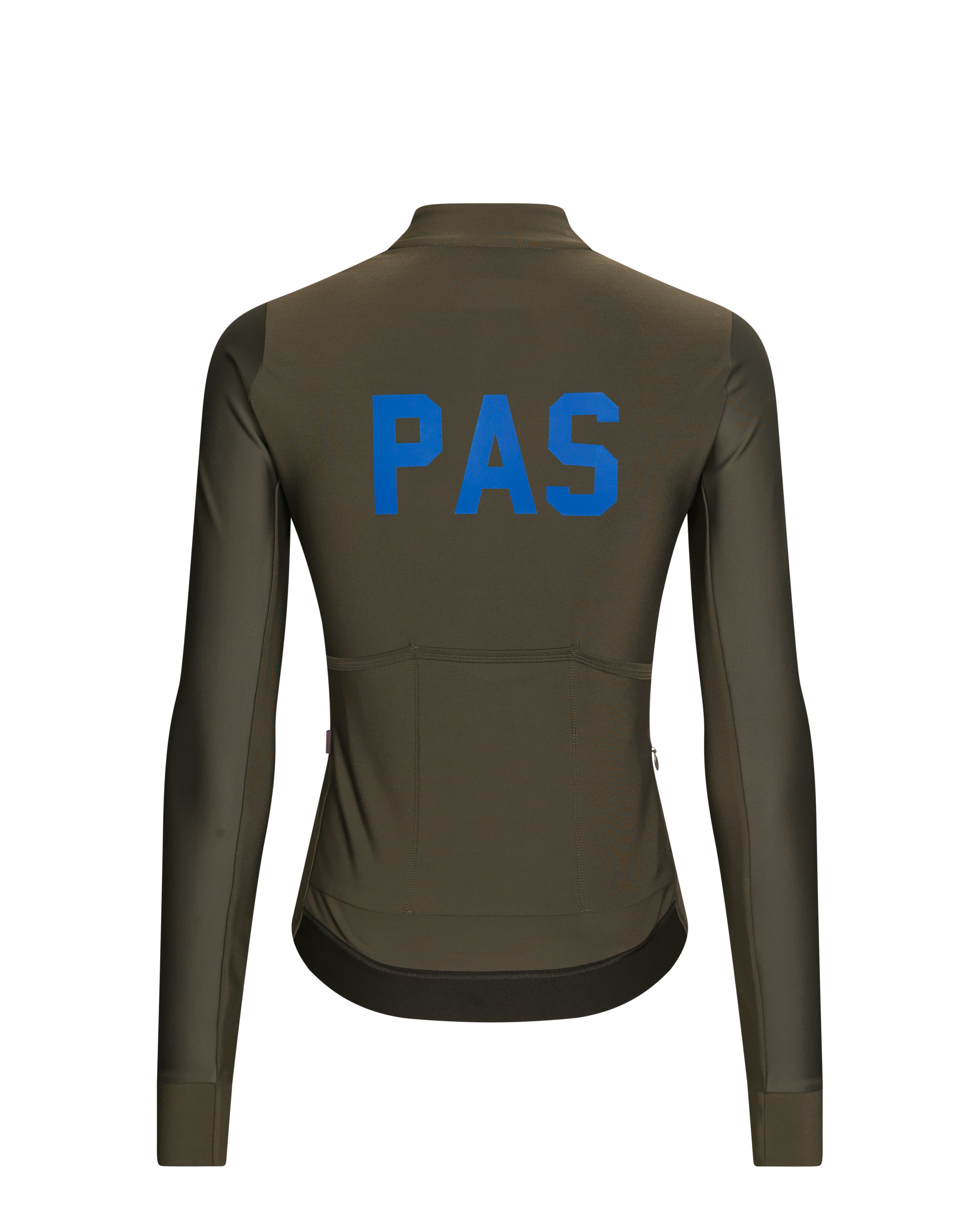 Dark Olive PAS Mechanism Thermal long sleeve cycling jersey, rear view with blue PAS logo and rear pockets