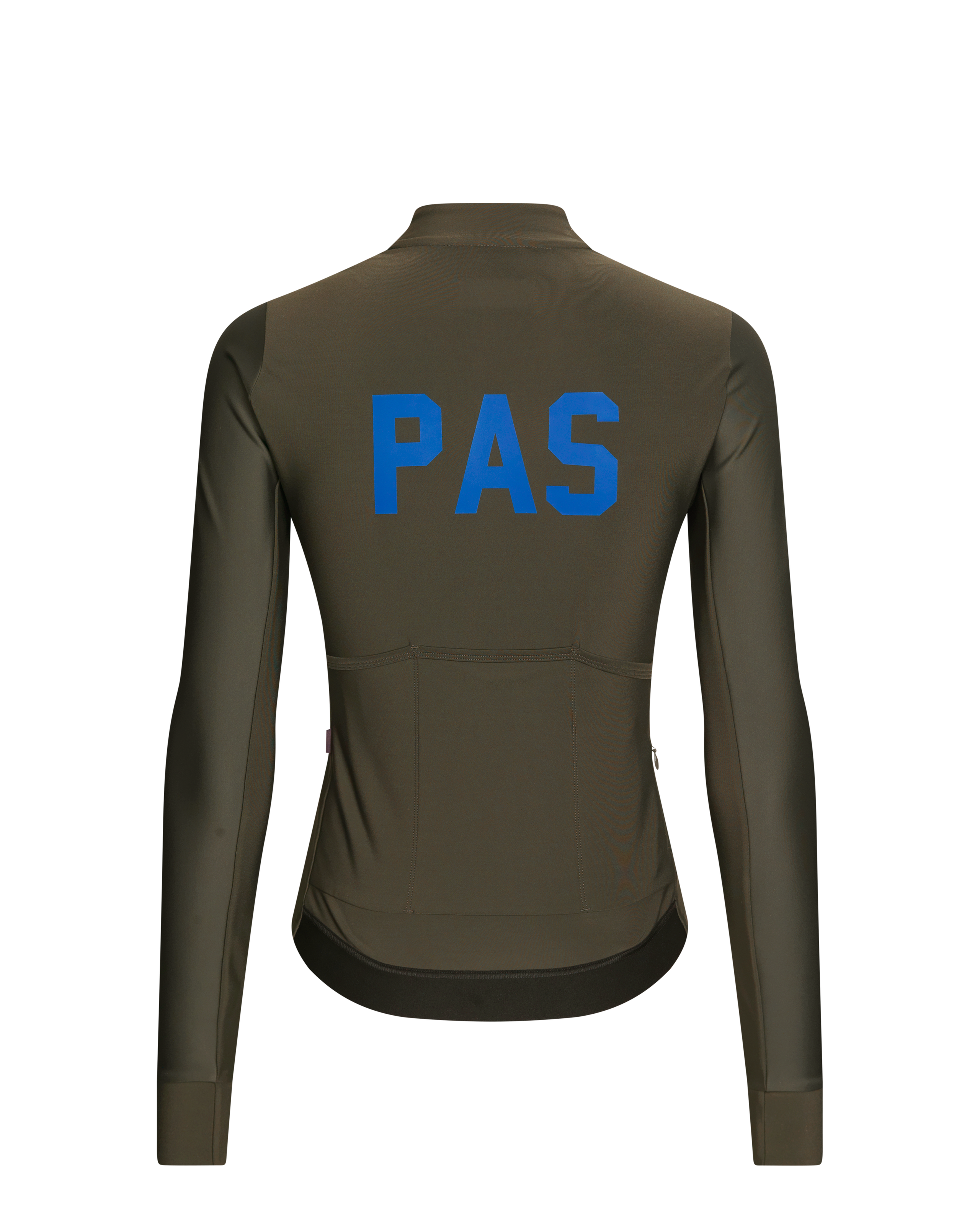 Dark Olive PAS Mechanism Thermal long sleeve cycling jersey, rear view with blue PAS logo and rear pockets