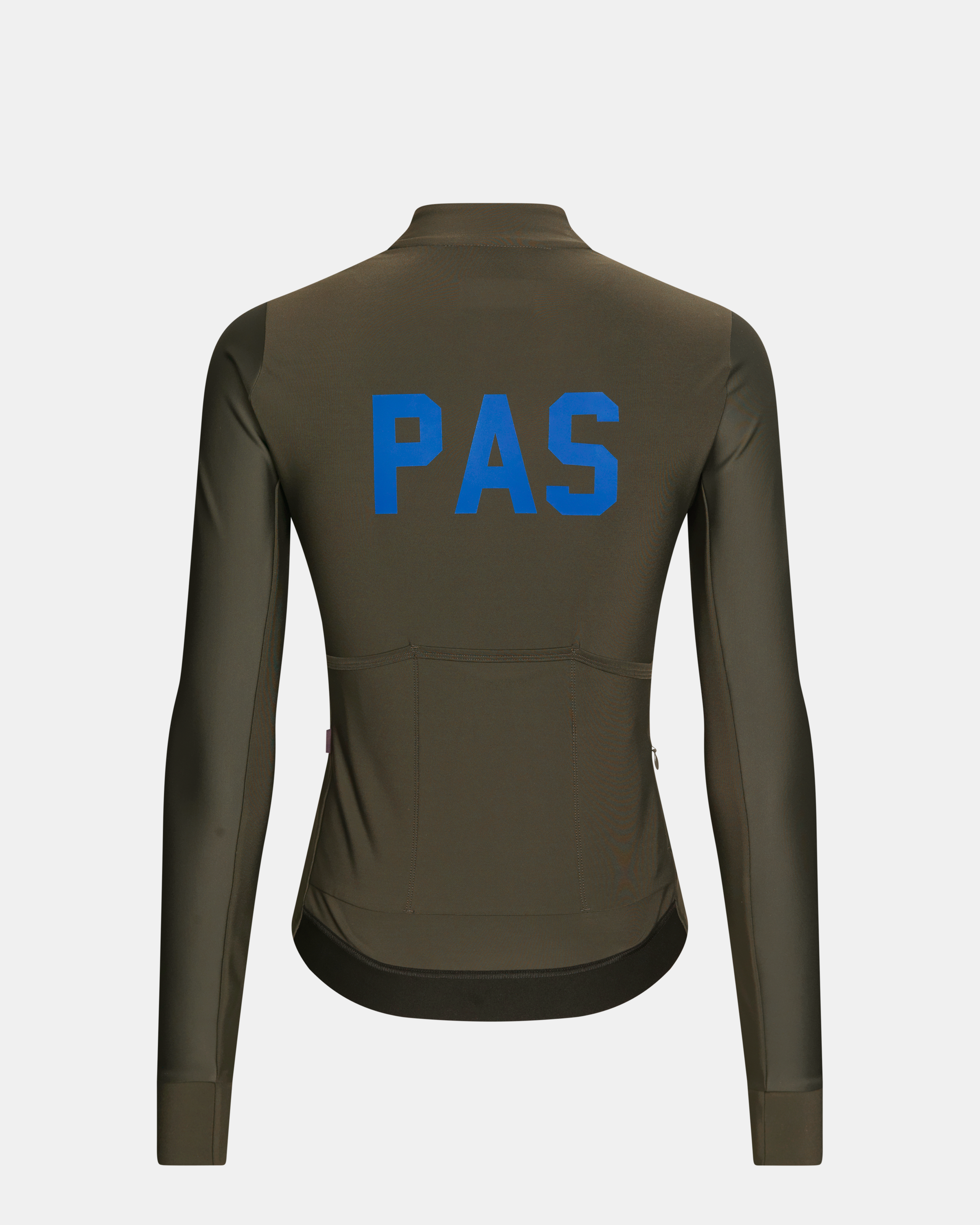 Dark Olive PAS Mechanism Thermal long sleeve cycling jersey, rear view with blue PAS logo and rear pockets