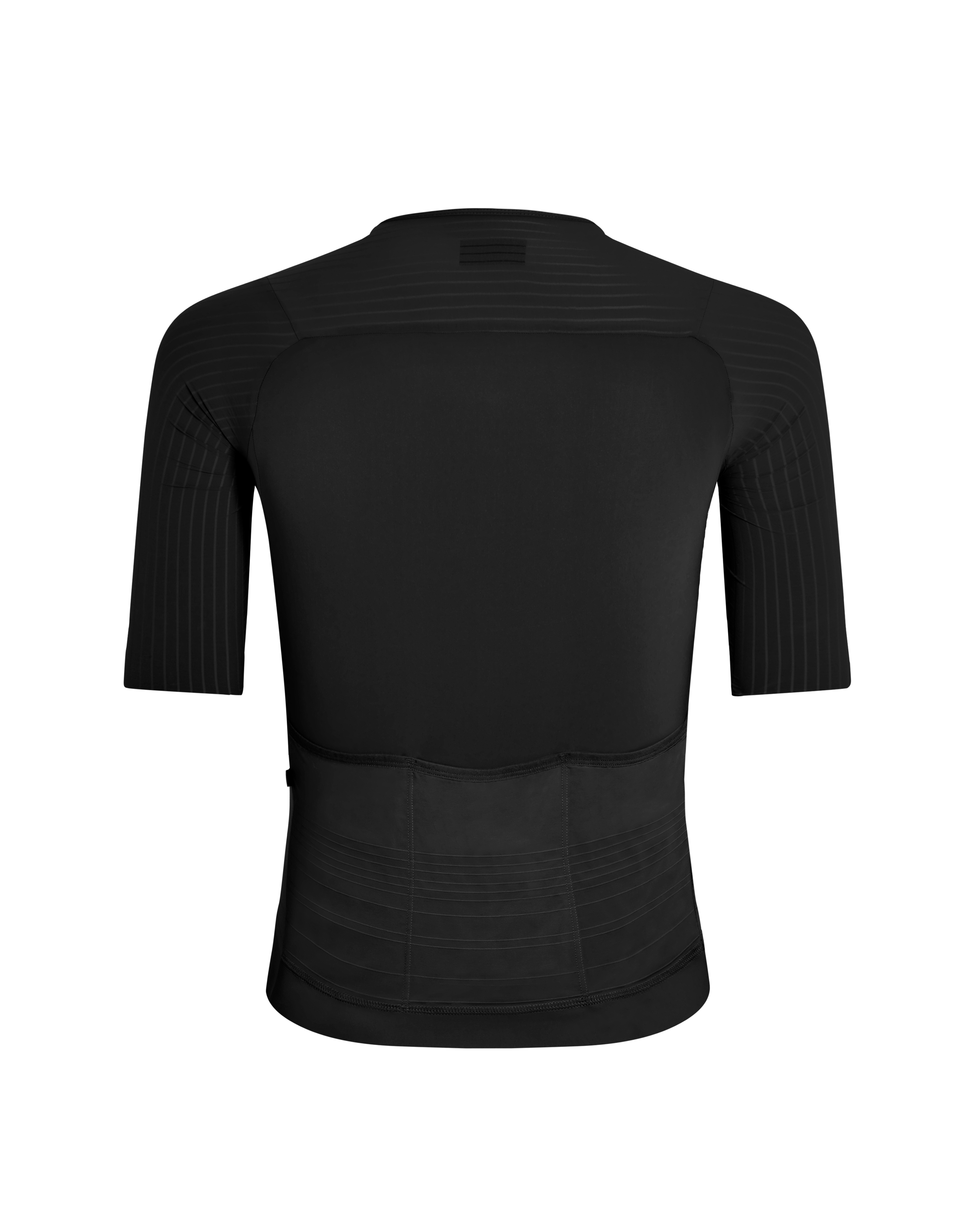 Black Mechanism Pro cycling jersey, rear view with ribbed sleeves and lower back panel