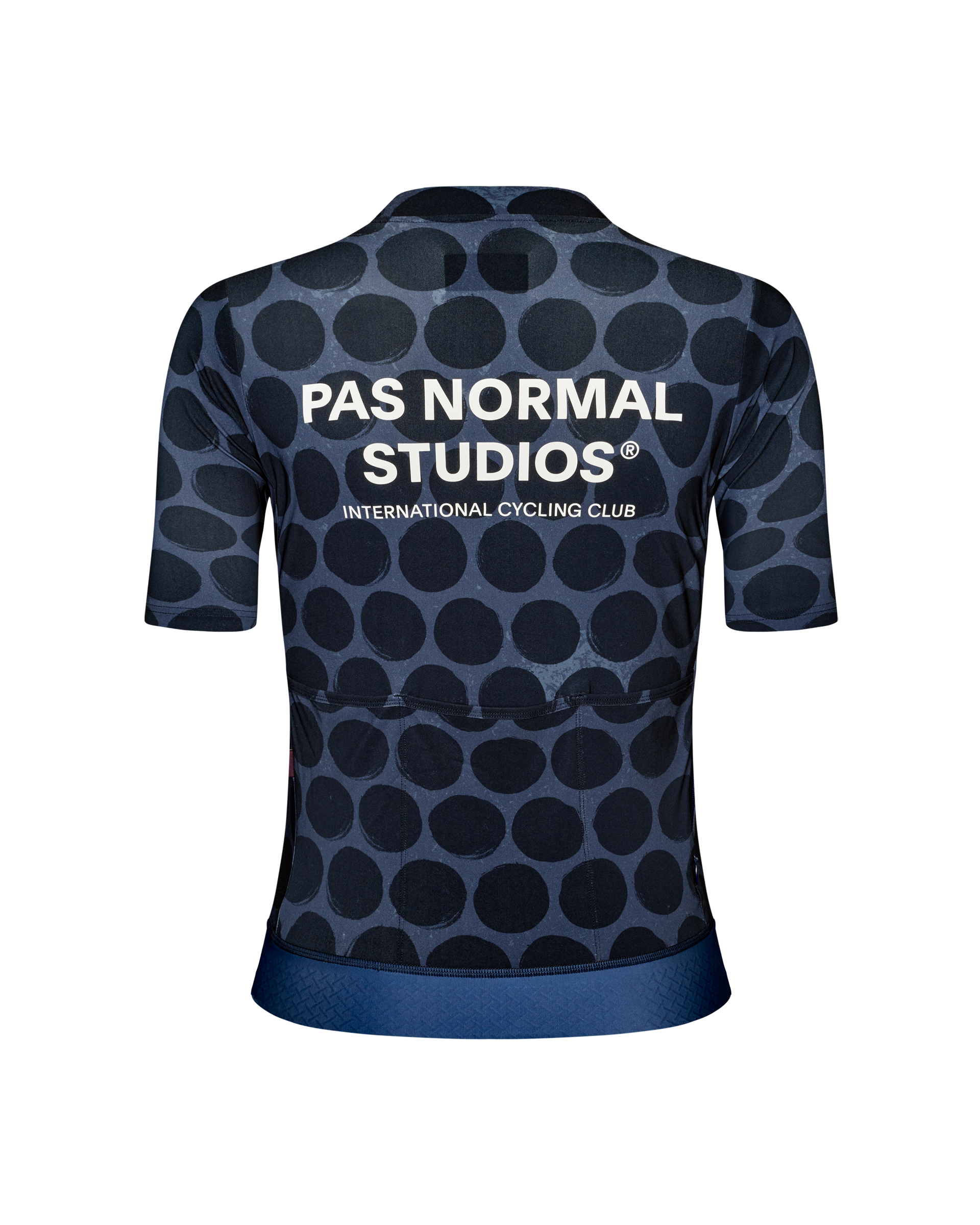 Navy Essential cycling jersey, rear view with dark polka dot pattern