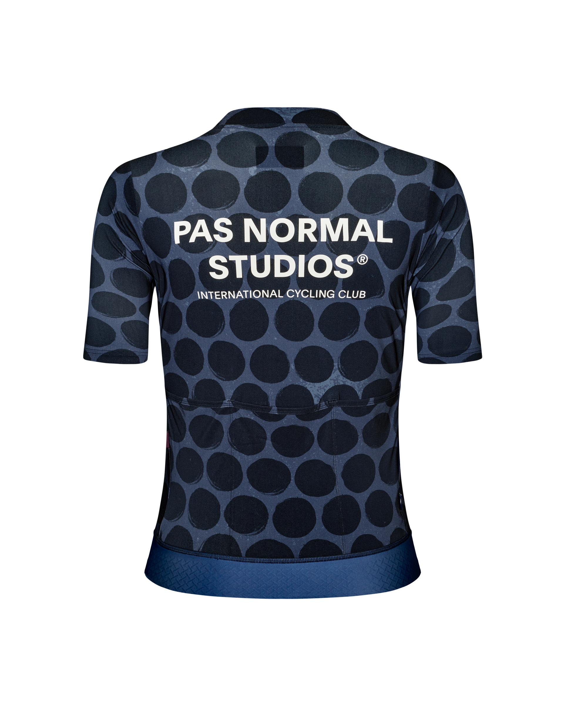 Navy Essential cycling jersey, rear view with dark polka dot pattern