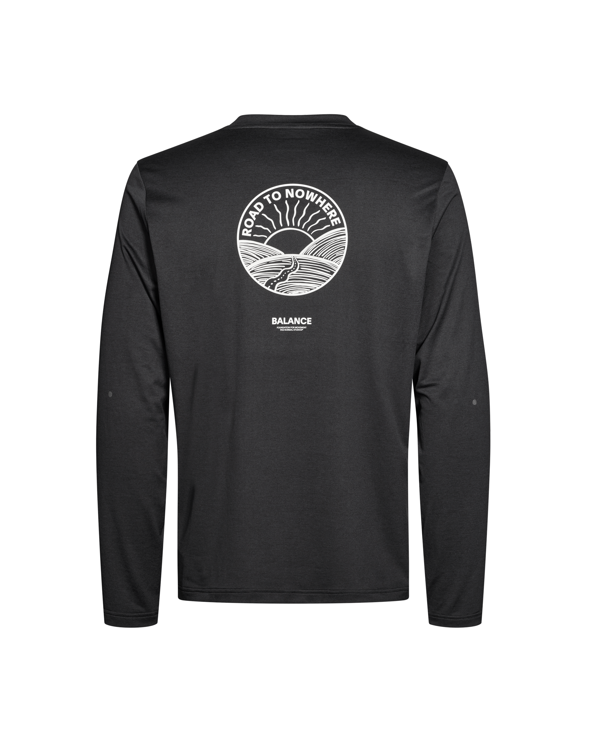 Black Balance long sleeve T-shirt, rear view on mannequin with Road to Nowhere circular back graphic