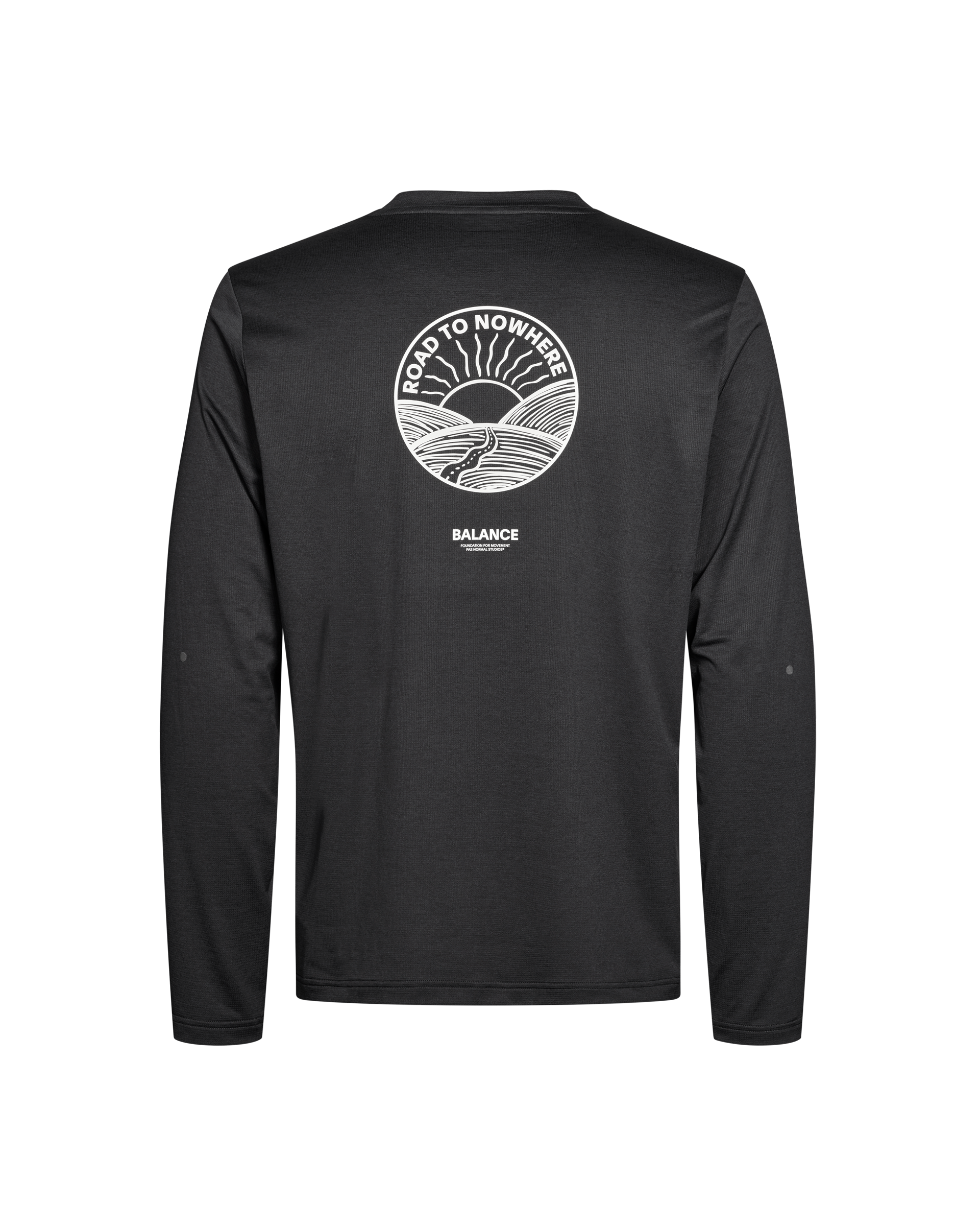 Black Balance long sleeve T-shirt, rear view on mannequin with Road to Nowhere circular back graphic