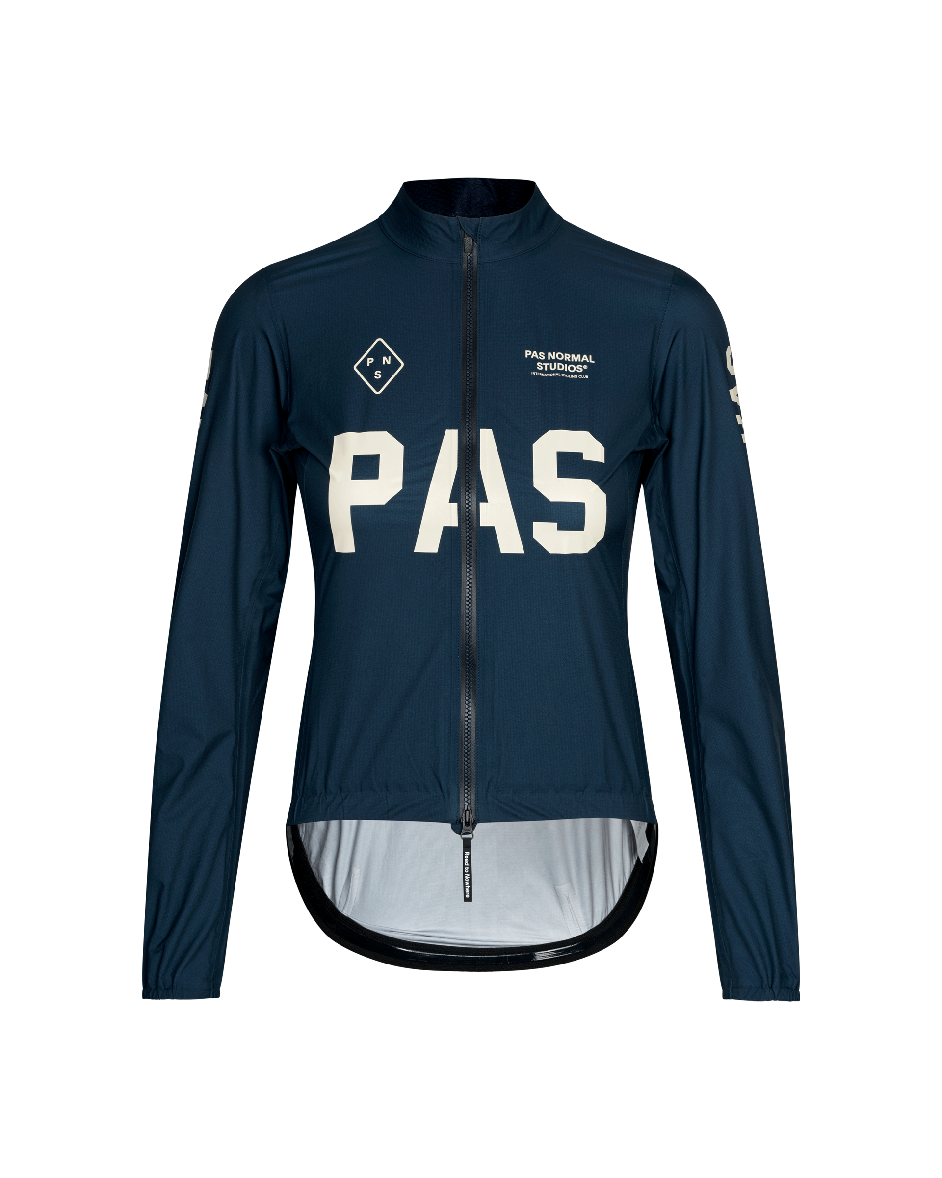Navy PAS Mechanism Rain cycling jacket, front view with white chest logo and extended rear hem