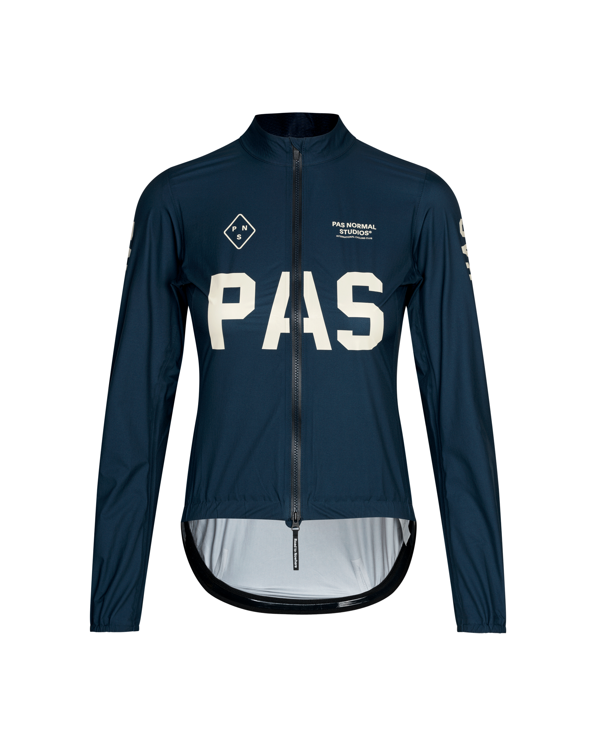 Navy PAS Mechanism Rain cycling jacket, front view with white chest logo and extended rear hem