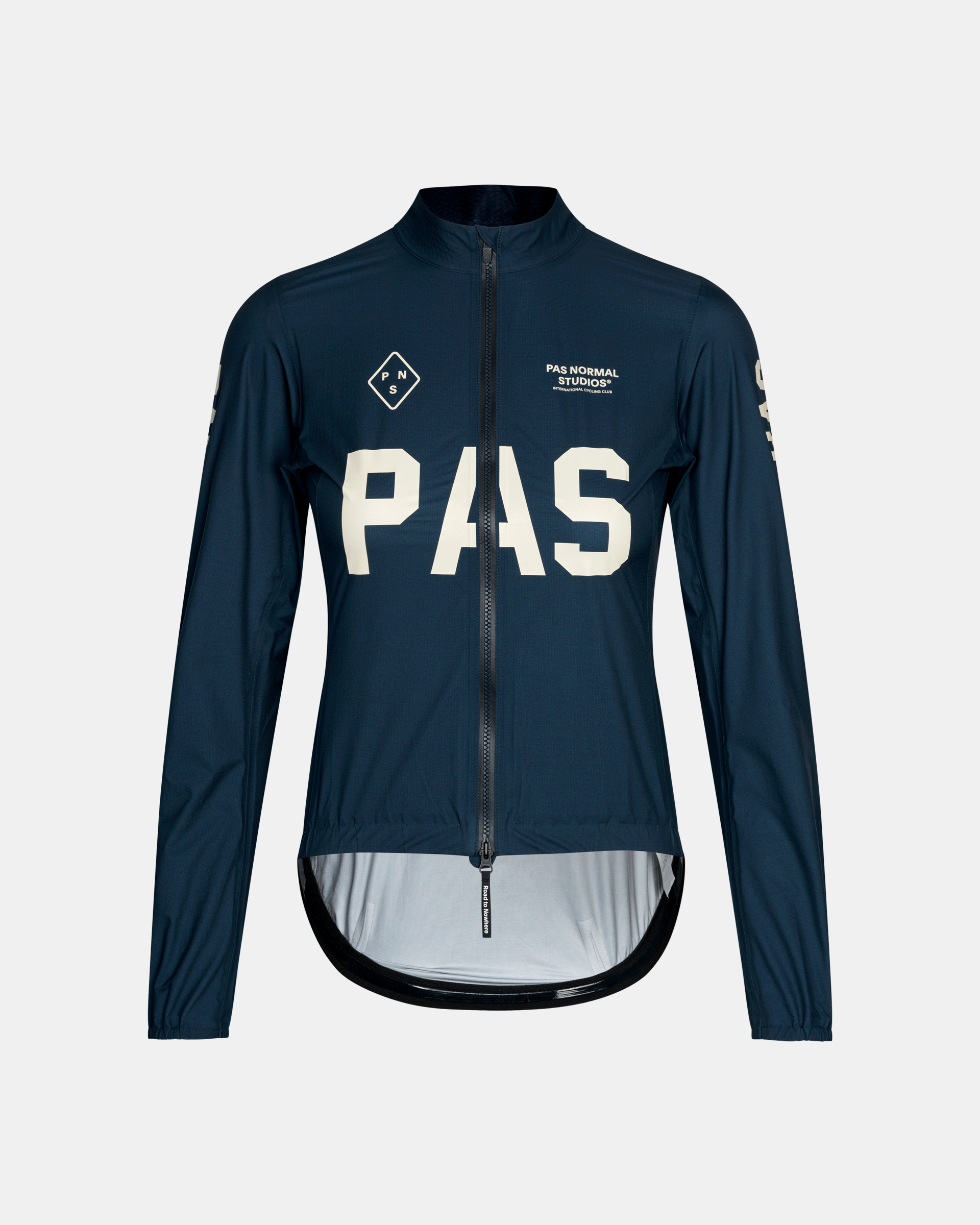 Navy PAS Mechanism Rain cycling jacket, front view with white chest logo and extended rear hem