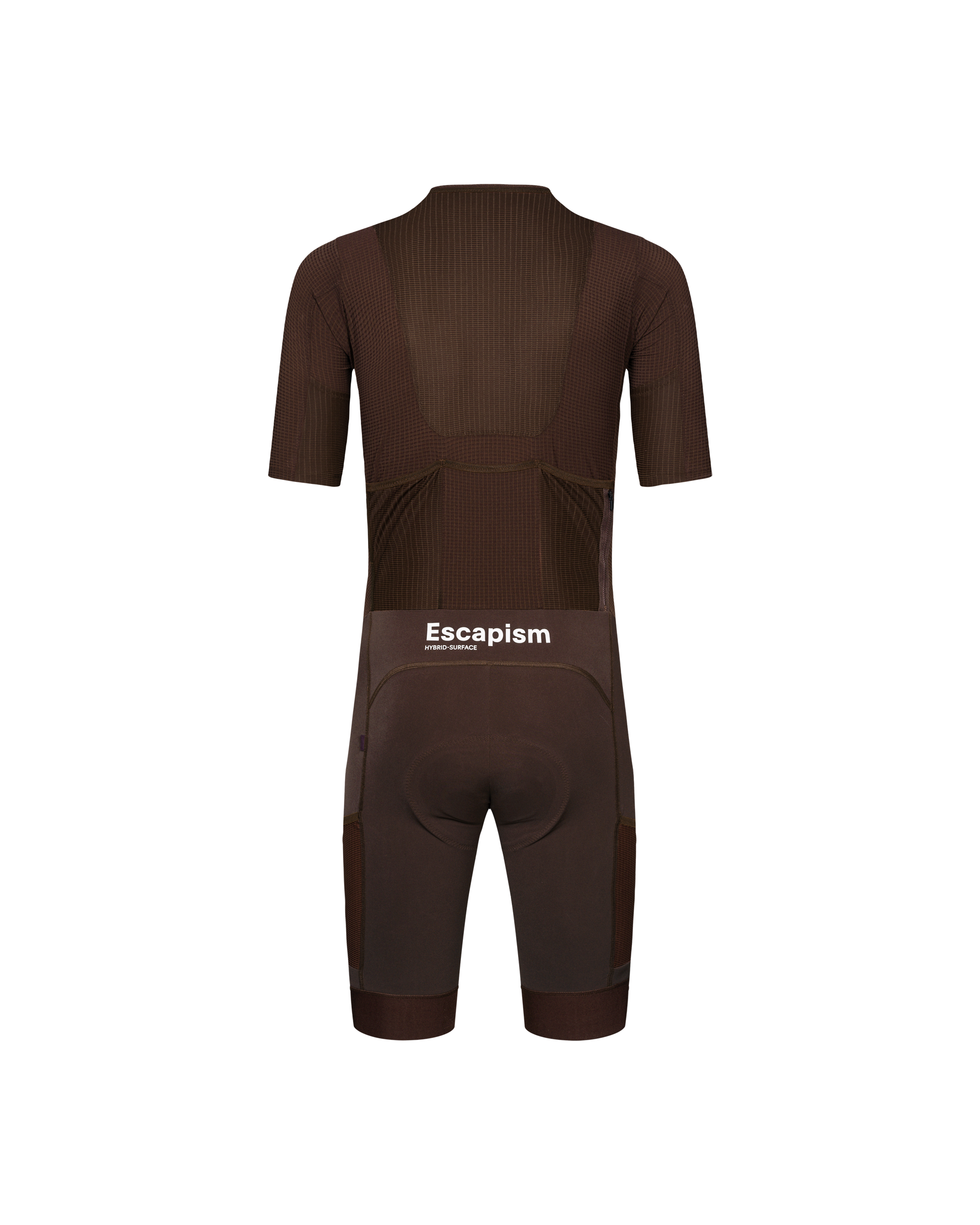Dark Red Escapism speedsuit, rear view with textured jersey and solid shorts