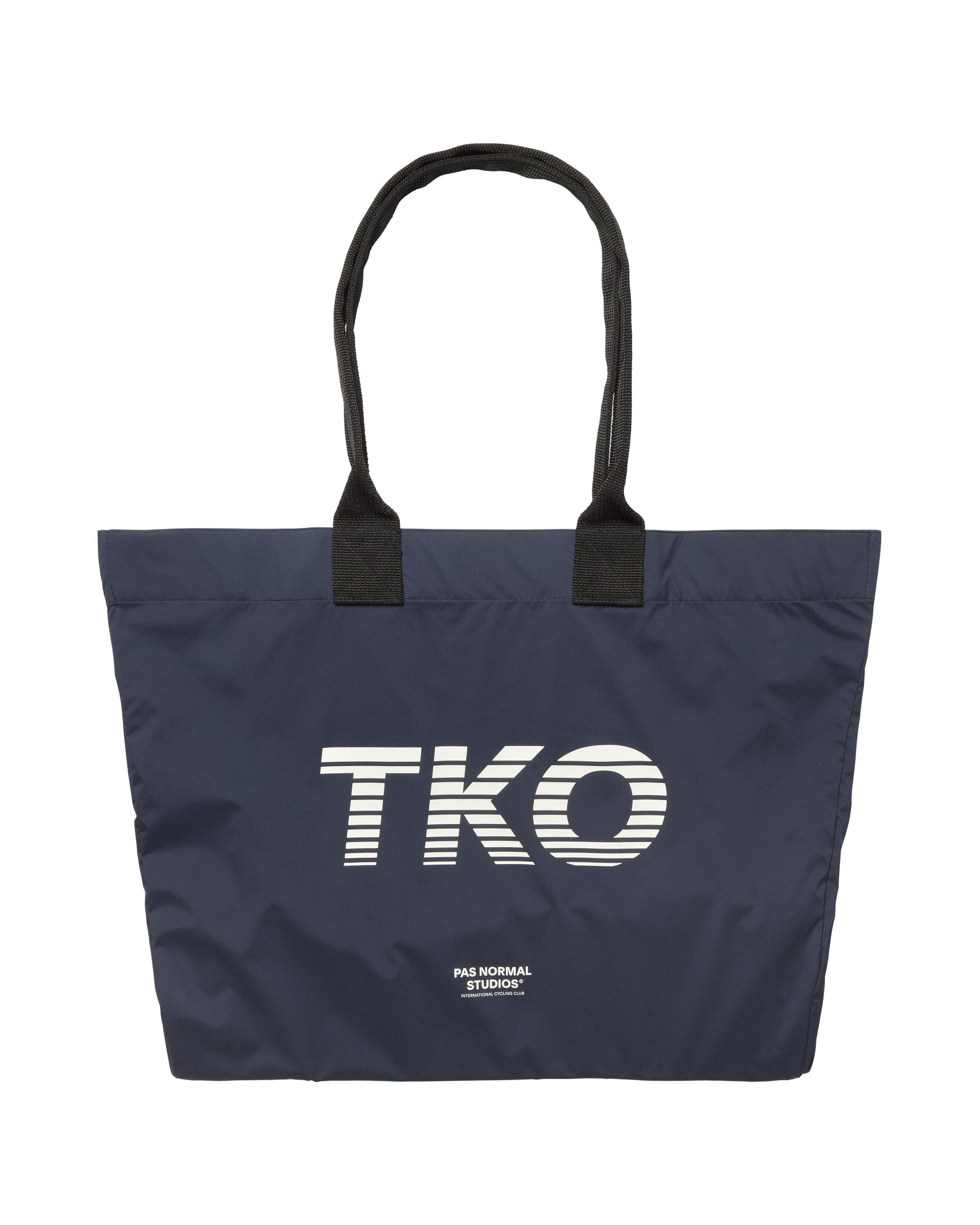 Navy T.K.O. Shield tote bag, front flat lay with large striped TKO chest print and black handles