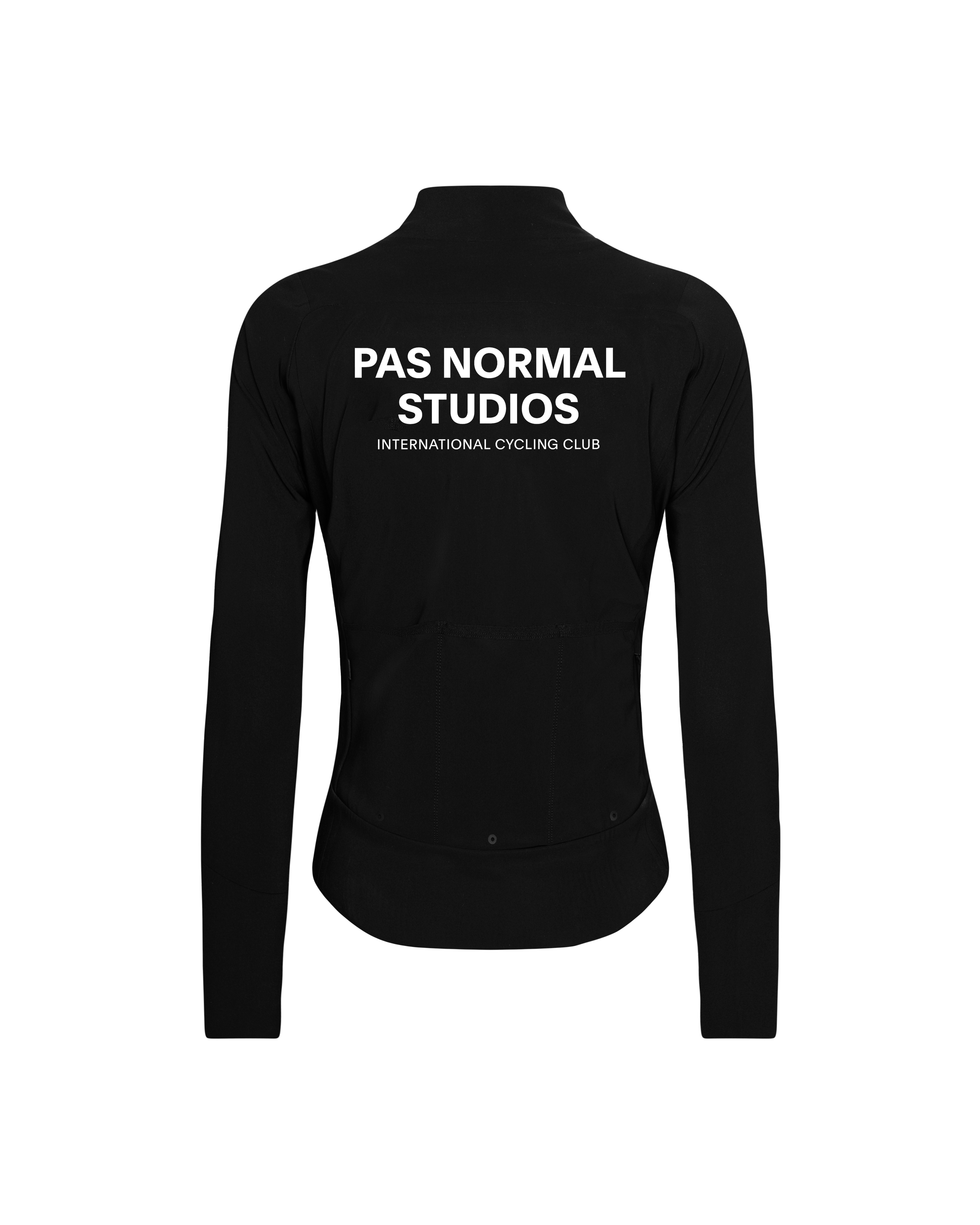 Black Mechanism women's thermal cycling jacket, rear flat lay with white back print