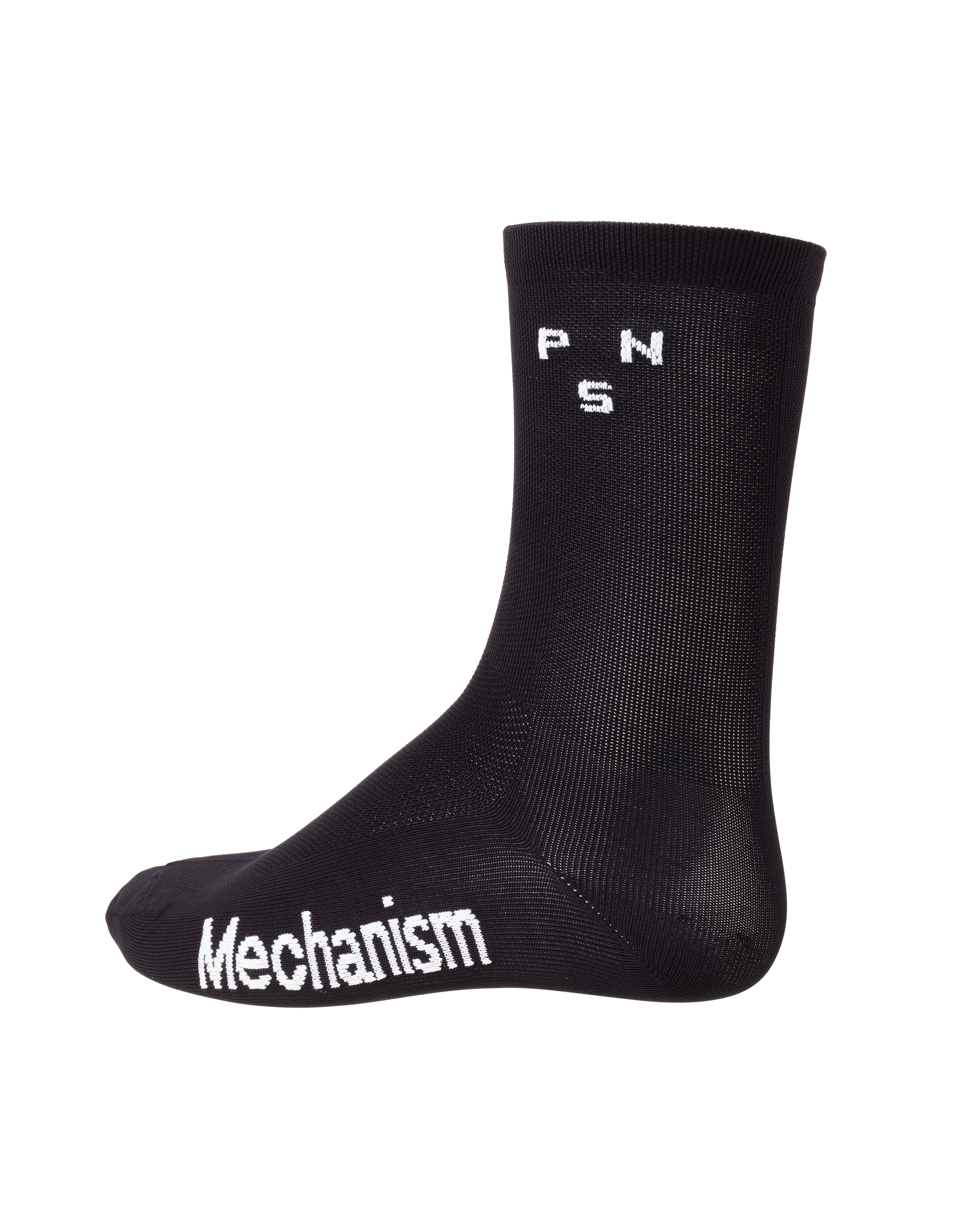 Black Mechanism cycling socks, side view with white PNS and Mechanism branding