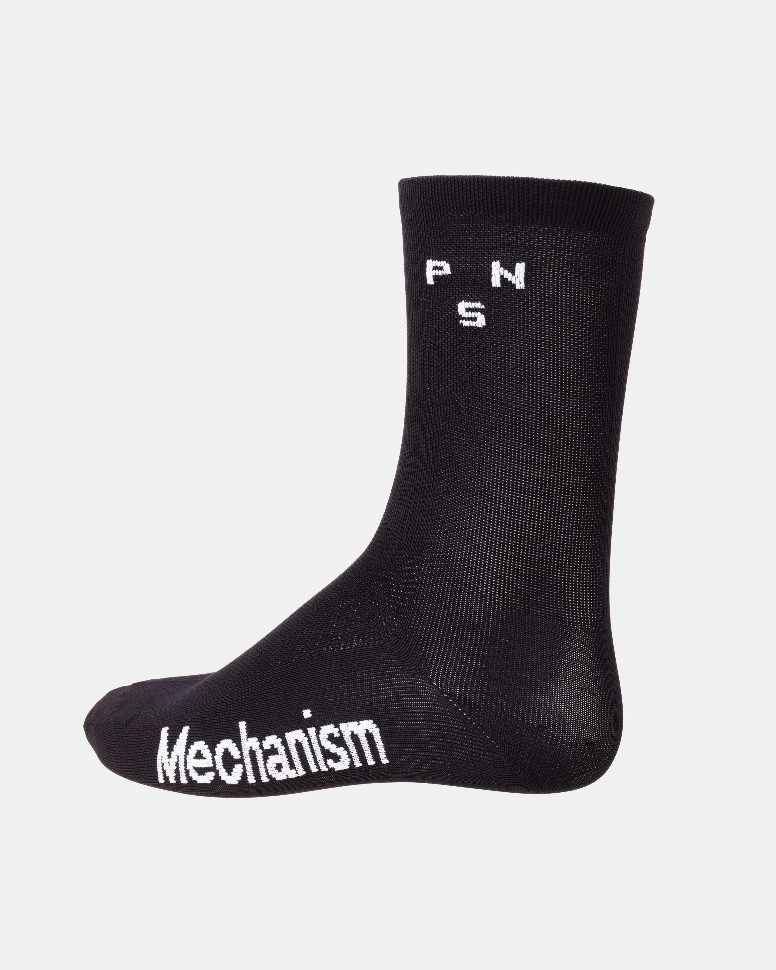 Black Mechanism cycling socks, side view with white PNS and Mechanism branding
