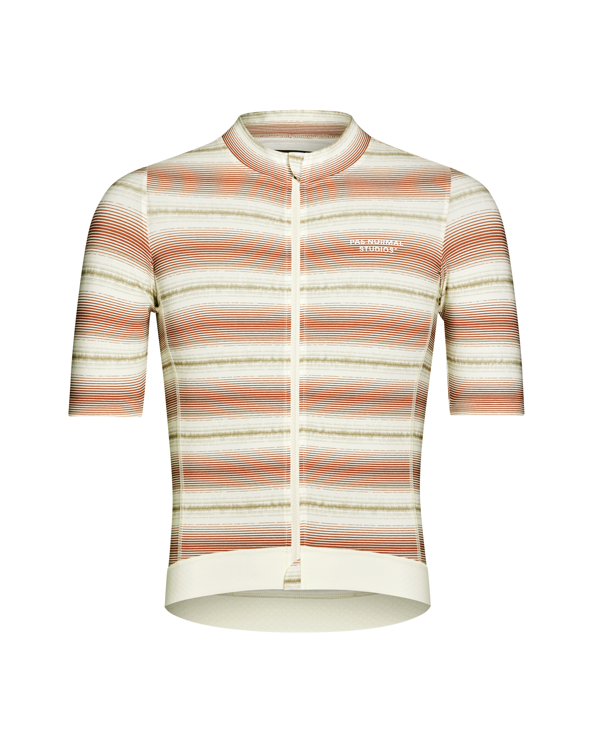 Off White Essential cycling jersey, front view with horizontal stripe pattern