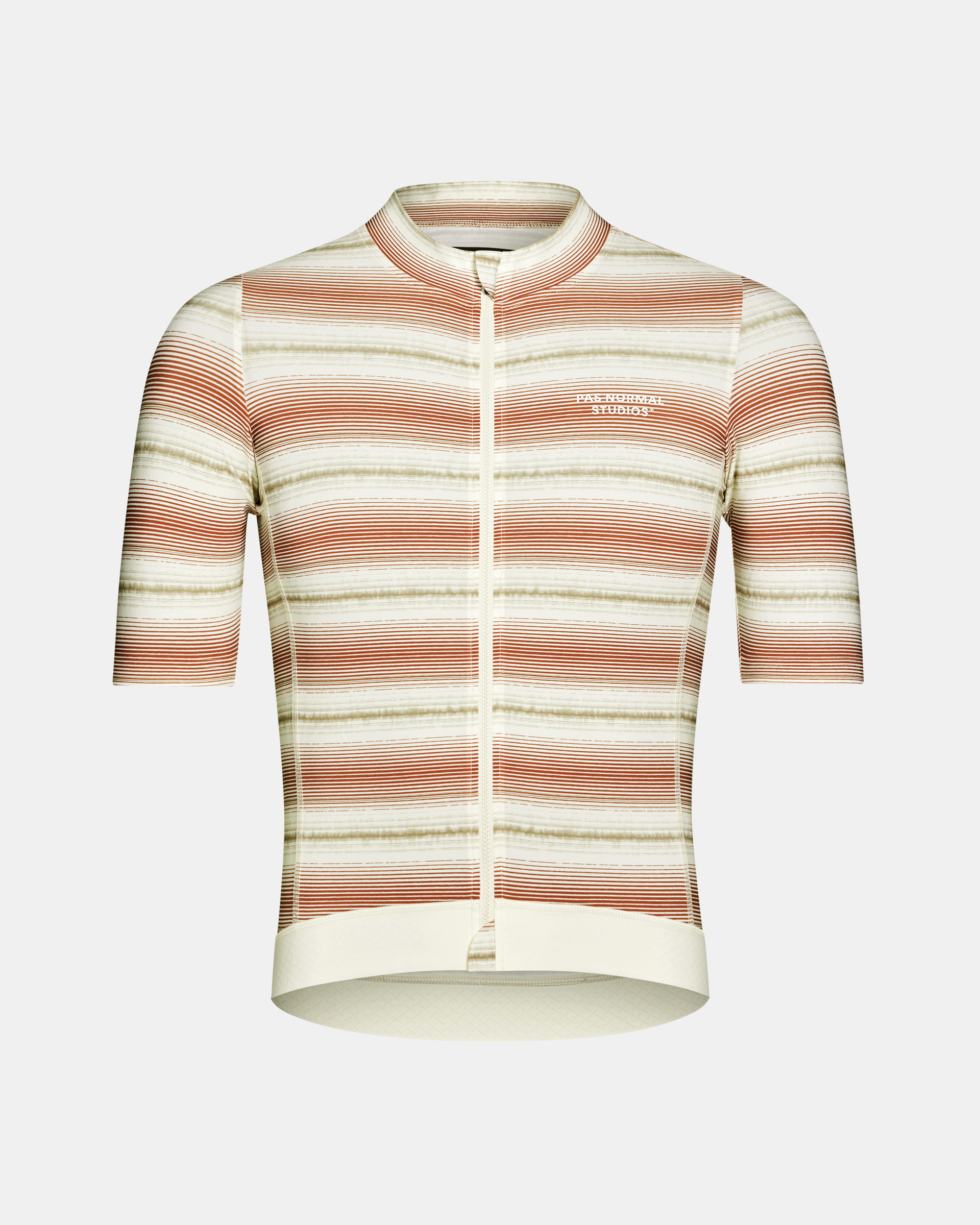 Off White Essential cycling jersey, front view with horizontal stripe pattern