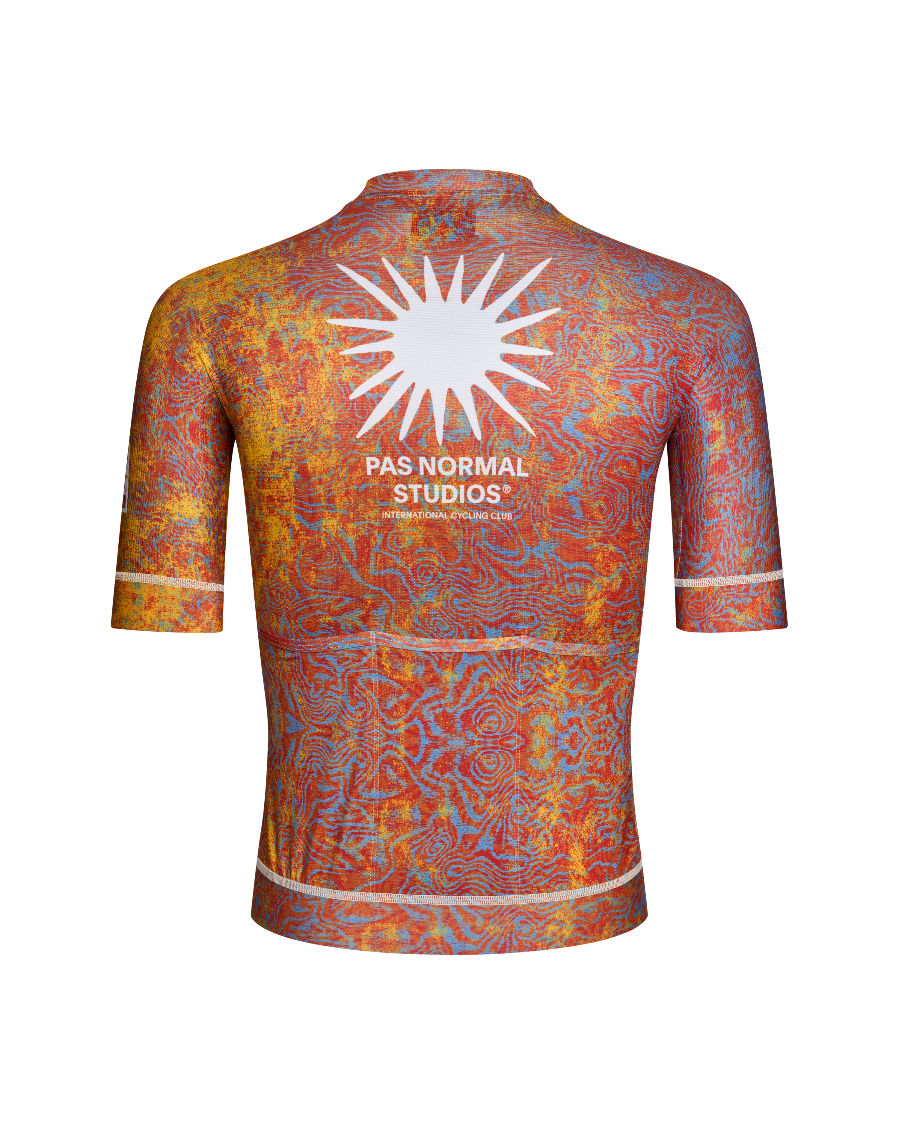 Breakfast Club Grain Mechanism cycling jersey, rear flat lay with all-over swirl print and white sun logo