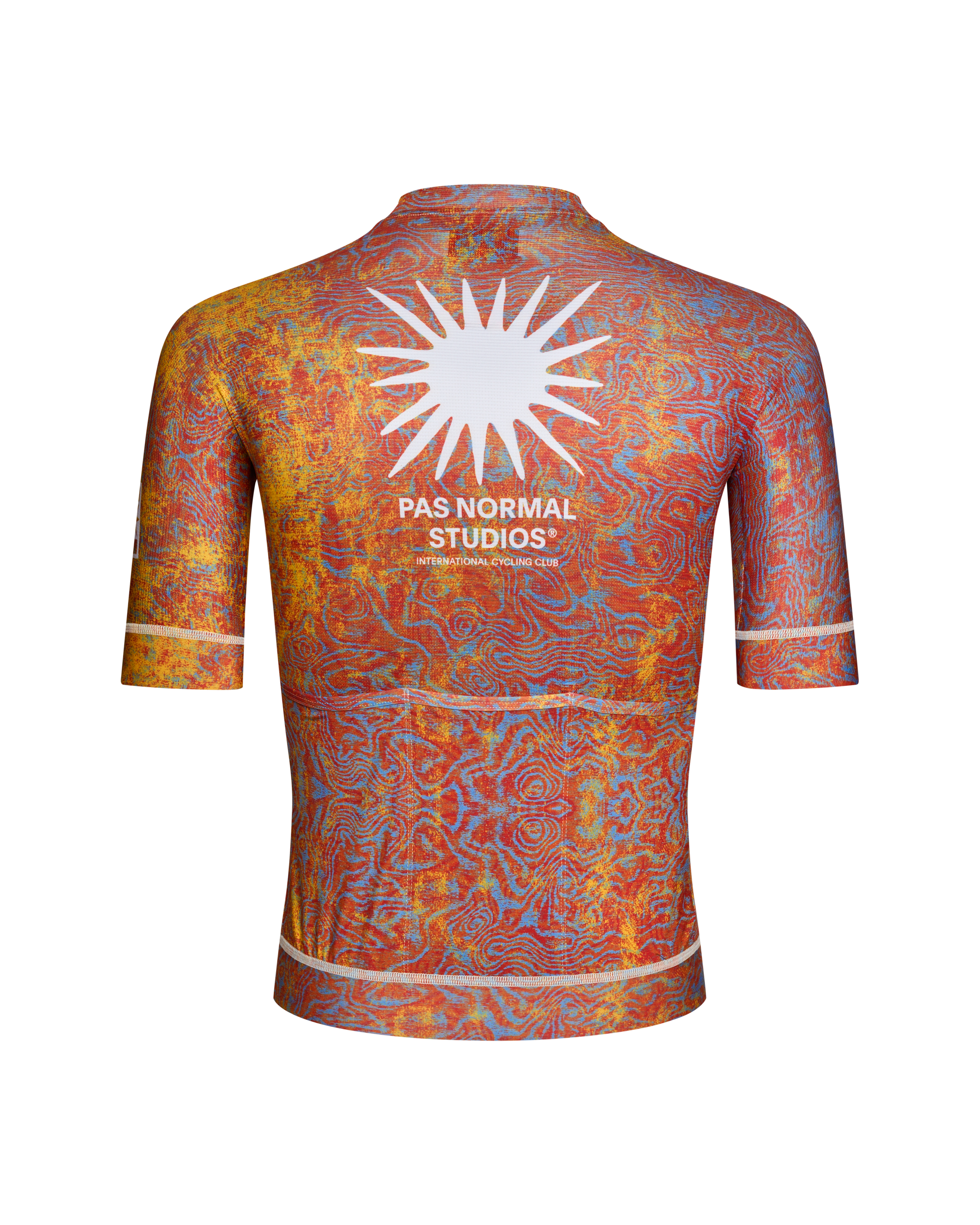 Breakfast Club Grain Mechanism cycling jersey, rear flat lay with all-over swirl print and white sun logo