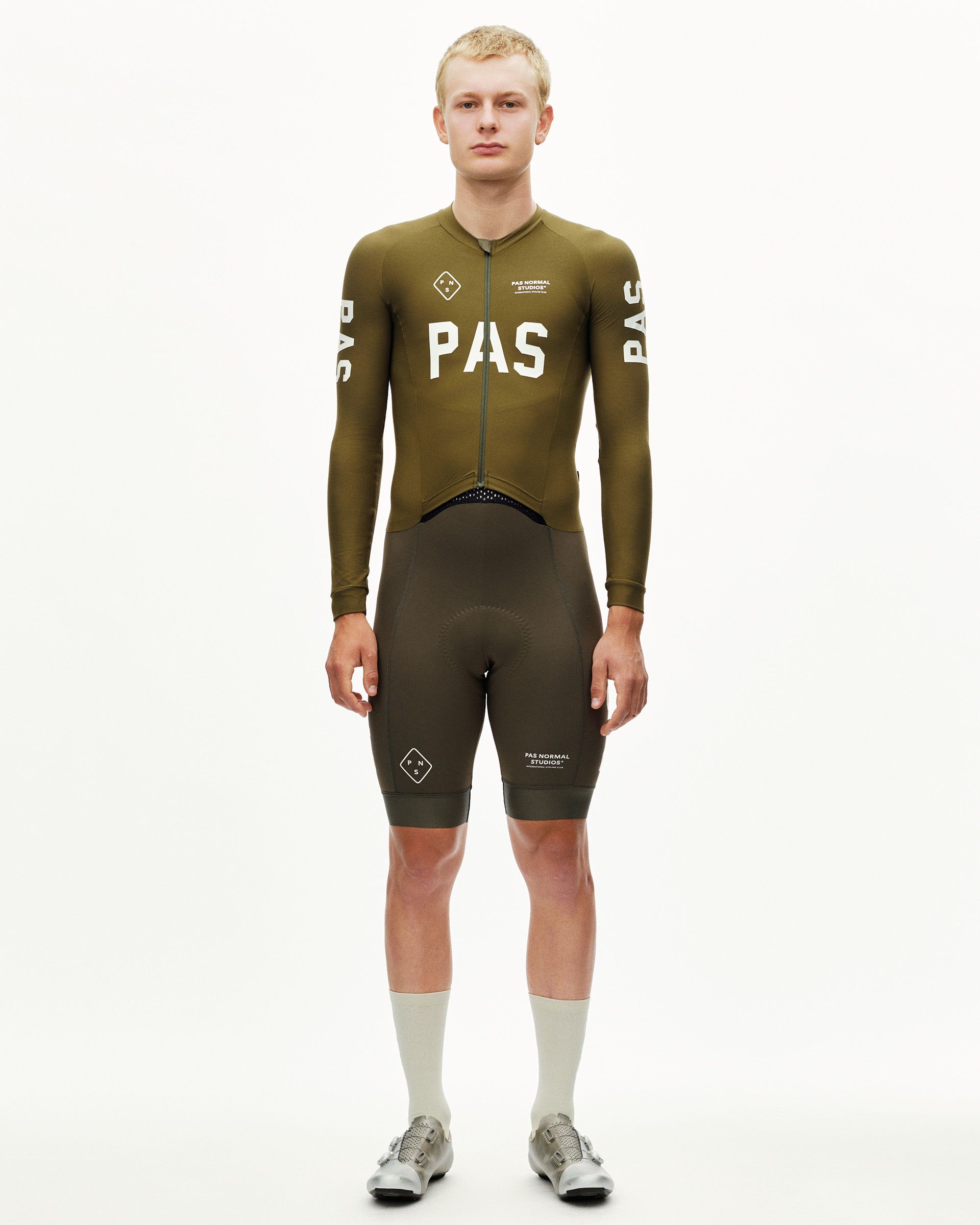 Moss Brown PAS Thermal Speedsuit on model, front view with large white chest logo and long sleeves