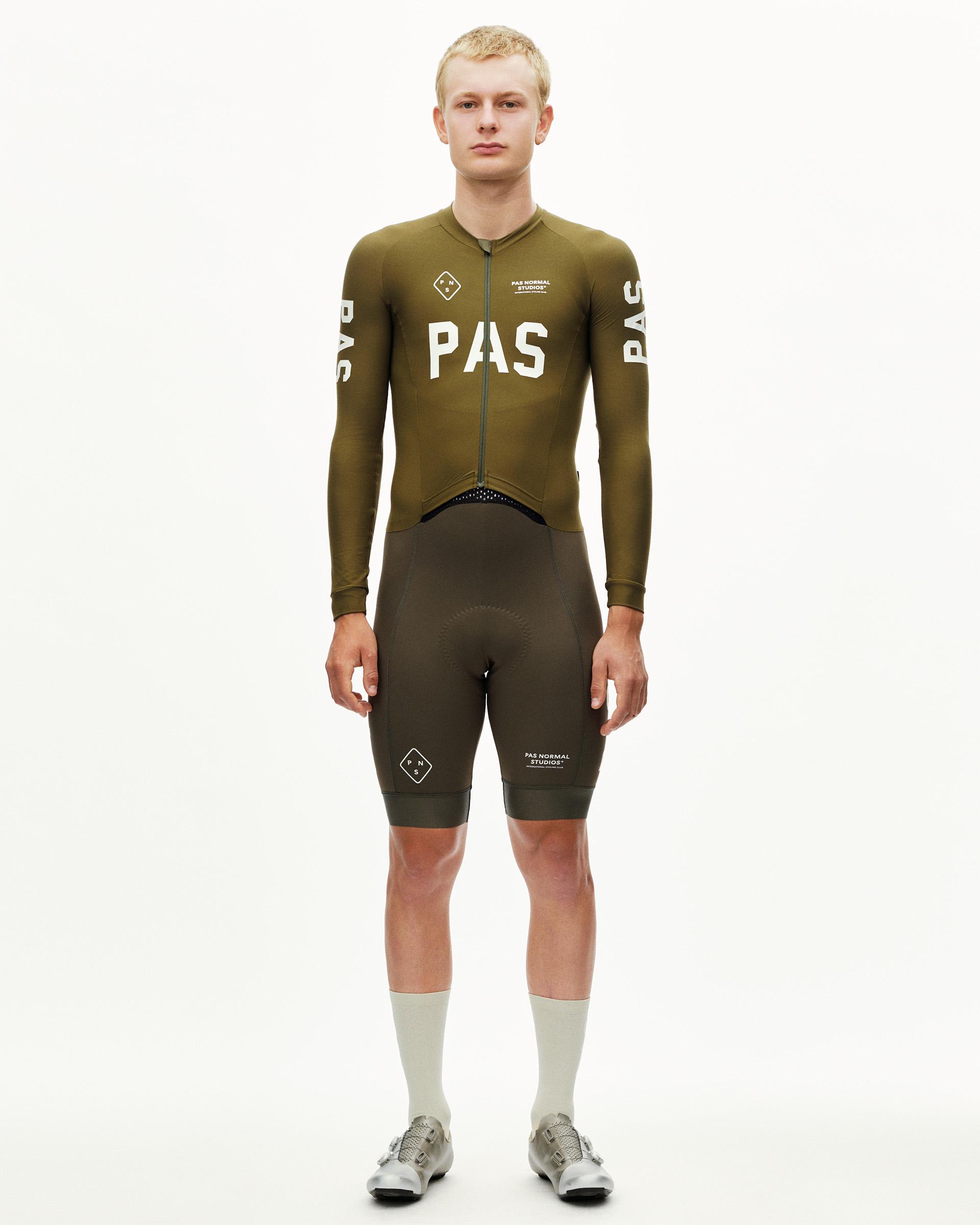 Moss Brown PAS Thermal Speedsuit on model, front view with large white chest logo and long sleeves